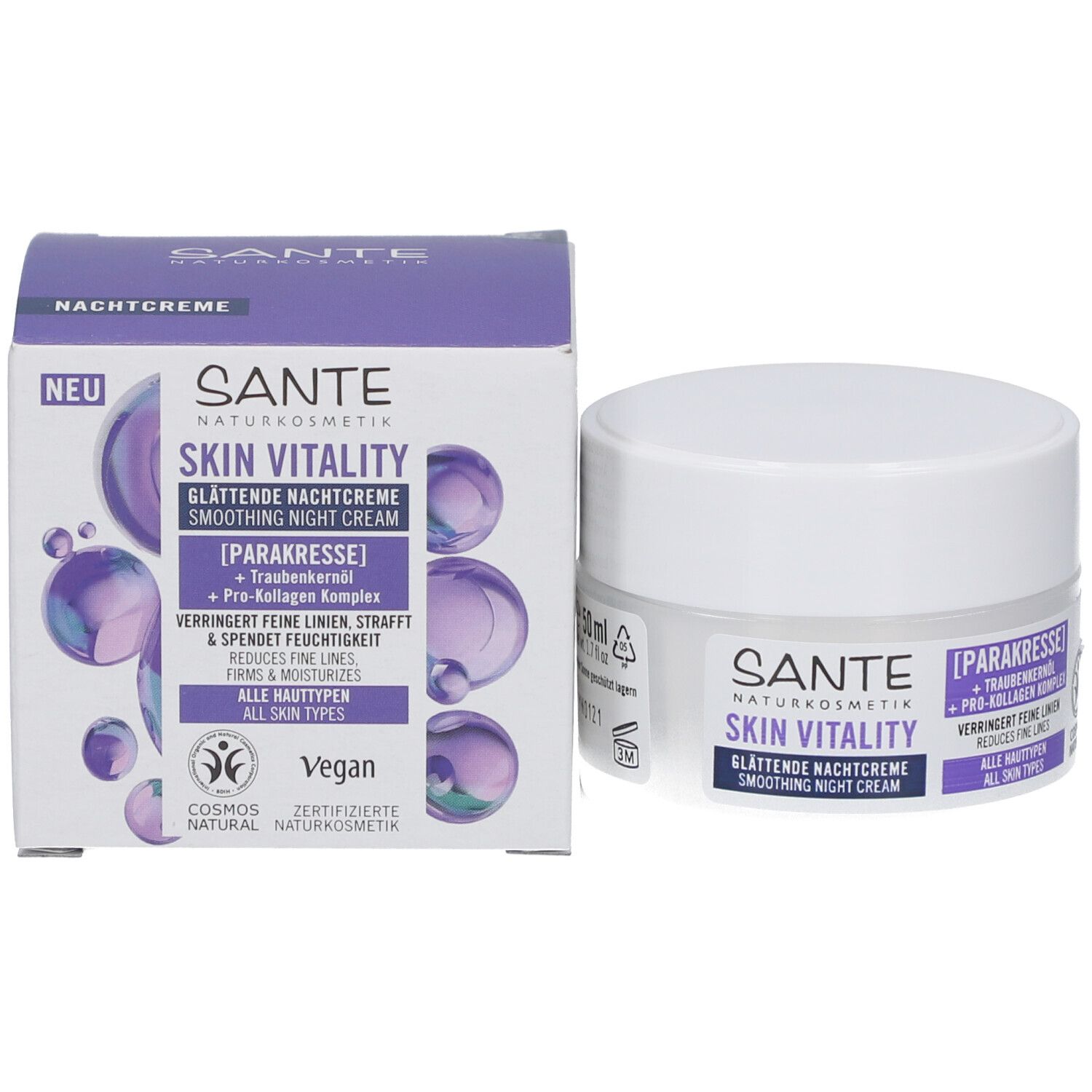 Crème pot en verpakking. Productnaam, ingrediënten en Vegan-certificering. 50 ml.