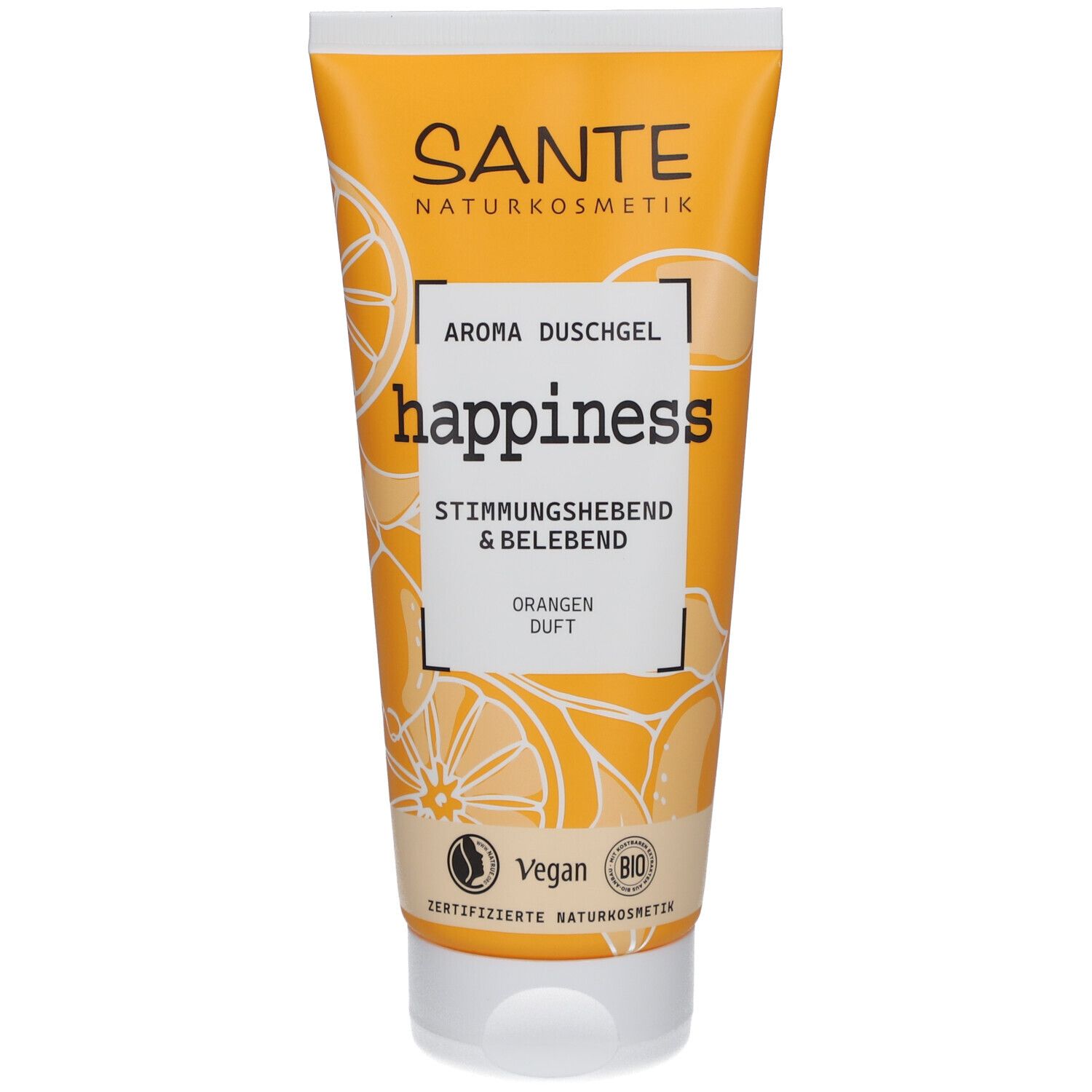 Oranje tube SANTE Aroma Duschgel Happiness. Vegan-logo en bio-keurmerk. Opschrift "Orangen Duft".