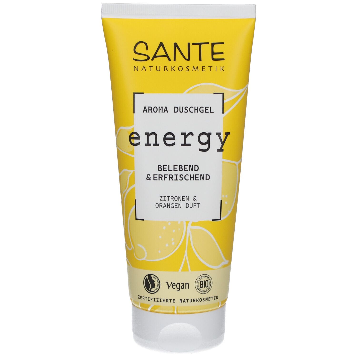 Tube jaune avec "Sante Naturkosmetik" et "energy". "Aroma Duschgel" et "Bio-Zitrone & Quitte" sont également visibles.