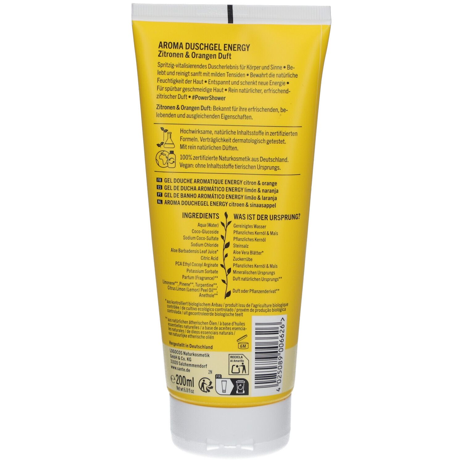 Dos d'un tube jaune. Texte avec ingrédients et certifications. "Aroma Duschgel Energy" et "Bio-Zitrone & Quitte" sont visibles.