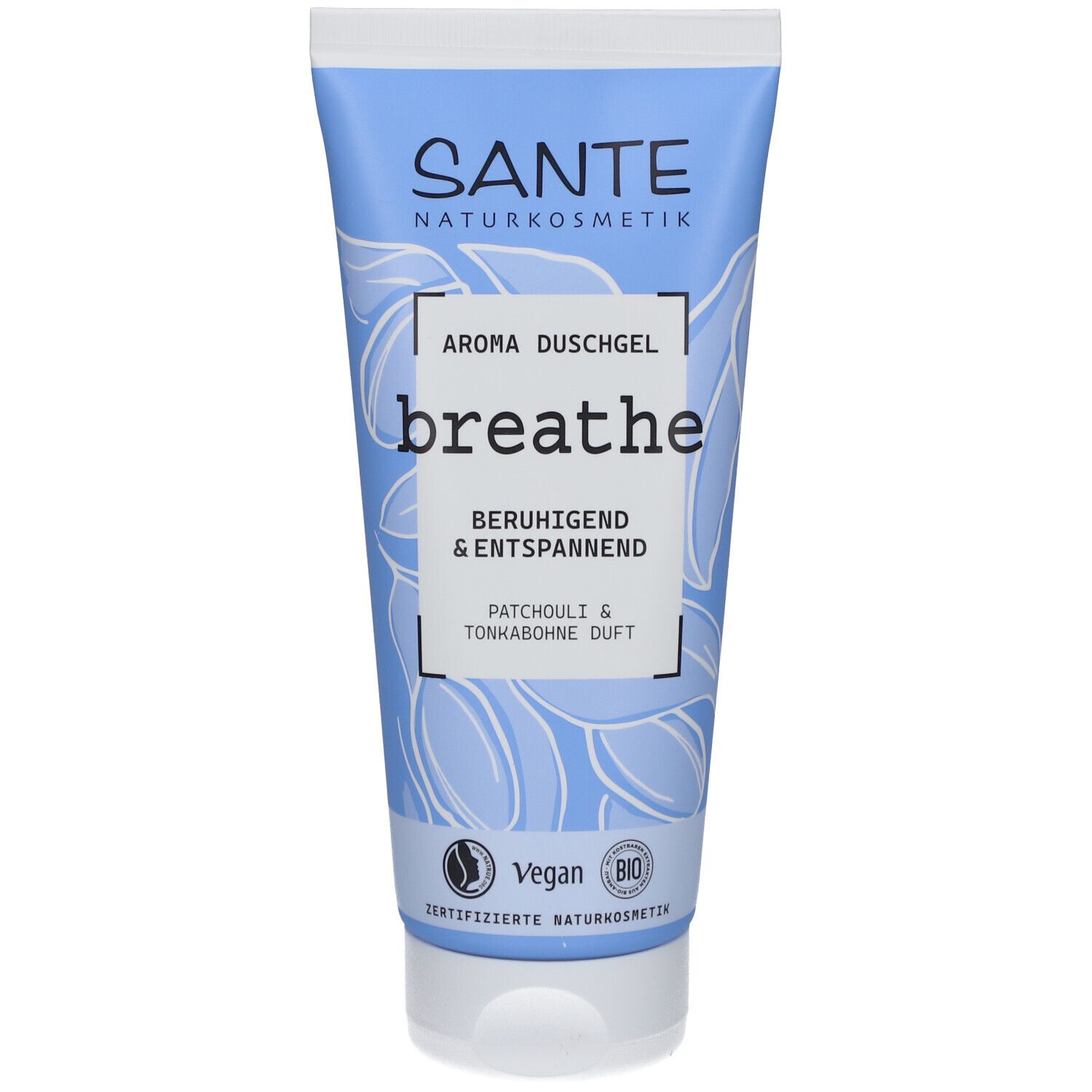 Blauw-witte tube met "SANTE"-logo en "Aroma Duschgel breathe". Bevat Patchouli & Tonkabohne geur. Vegan-keurmerk.