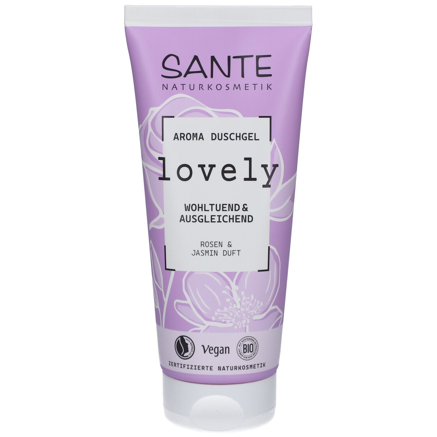 Lila tube met witte dop. Opschrift: SANTE, Aroma Duschgel lovely, Rozen & Jasmijn geur. Vegan logo.