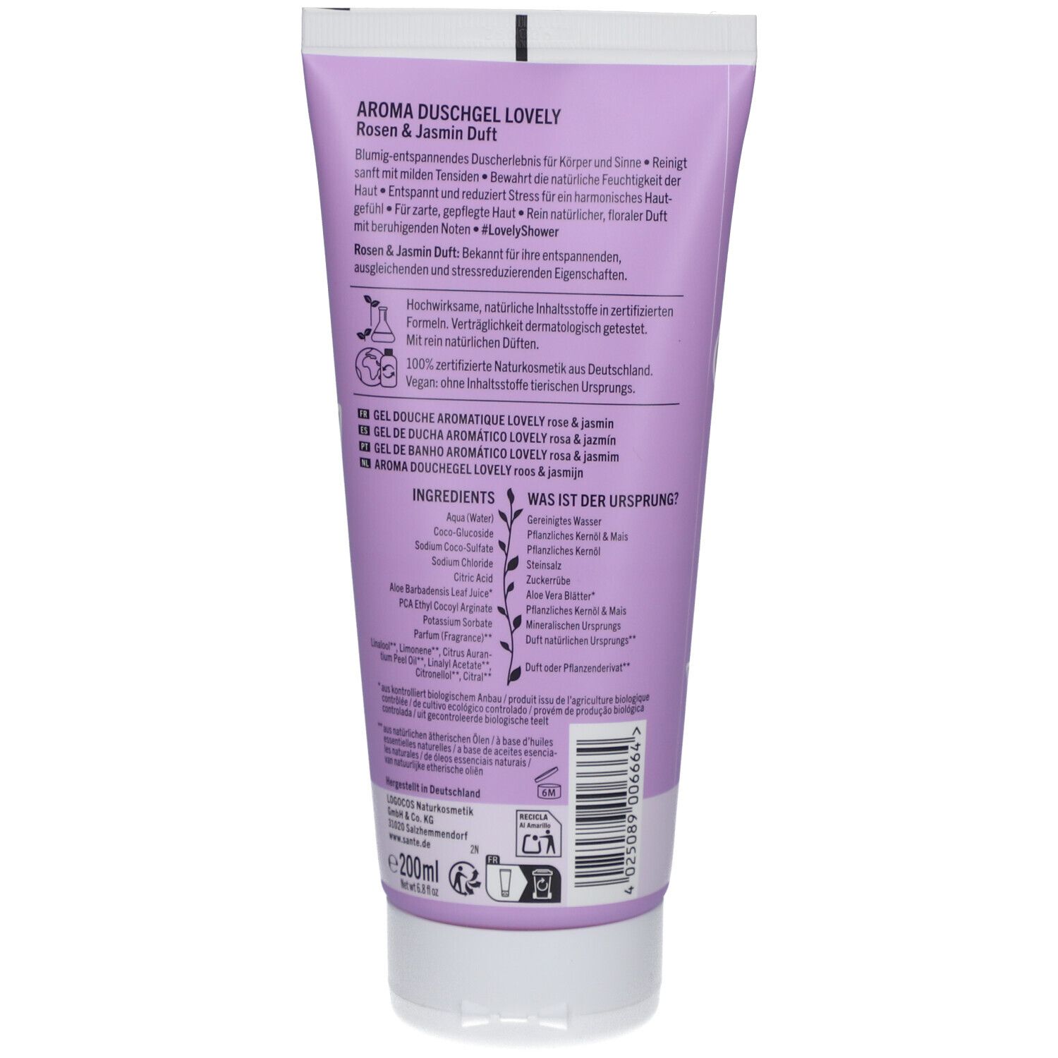 Achterkant van een lila tube. Tekst: Aroma Duschgel lovely, Rozen & Jasmijn geur. Ingrediënten. Vegan logo. 200ml.