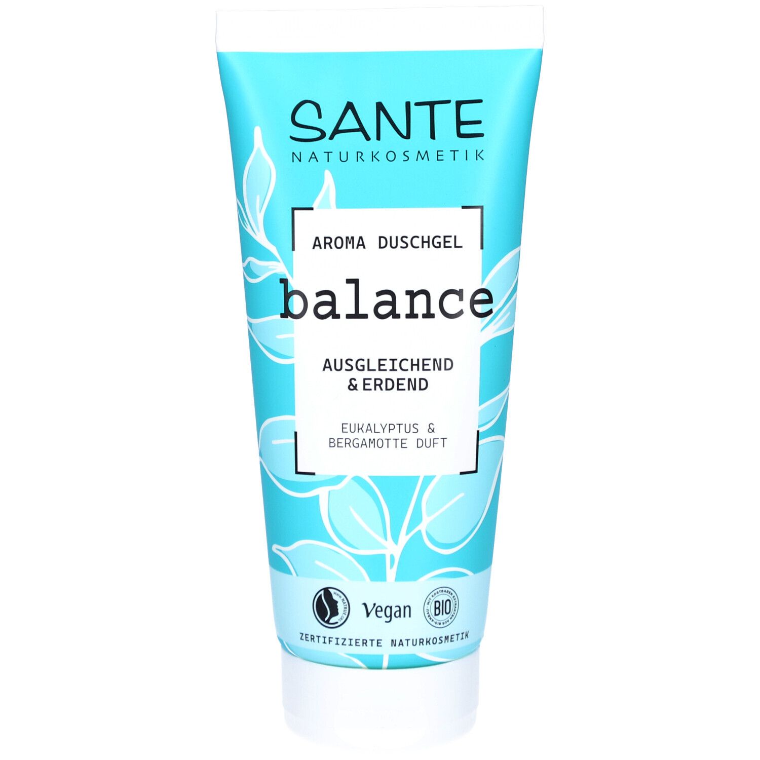 Turquoise tube. Opschrift: SANTE Naturkosmetik, Aroma Duschgel balance, Vegan, Bio-label.