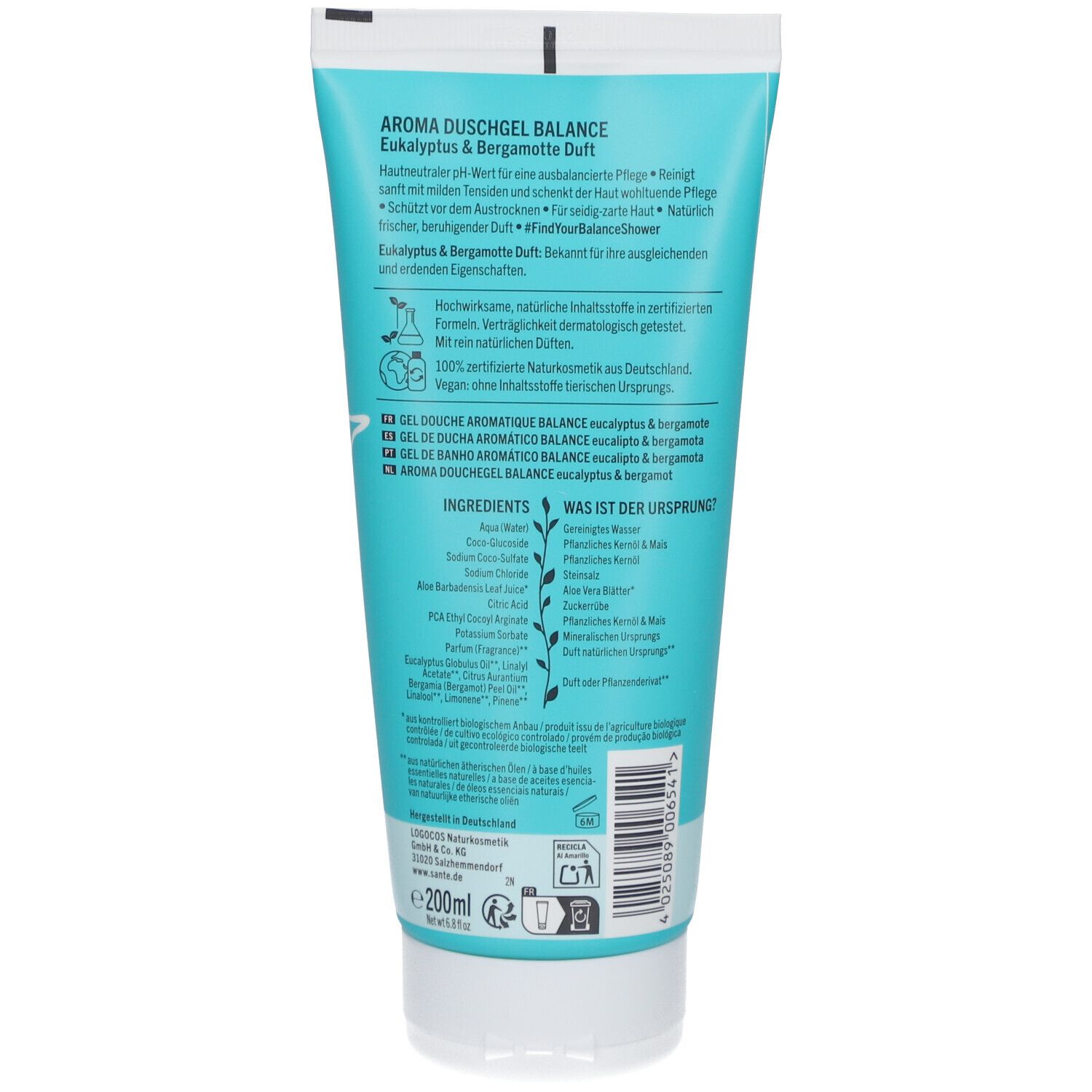 Achterkant van de tube. Tekst: Aroma Duschgel BALANCE, ingrediënten, 100% gecertificeerde natuurlijke cosmetica, Vegan.