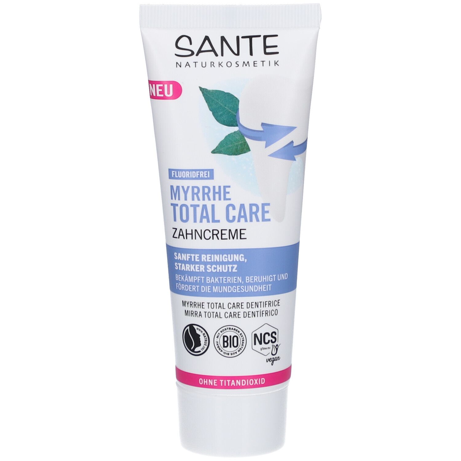 Sante tandpasta tube: "Myrrhe Total Care", fluoridevrij, zachte reiniging, sterke bescherming.