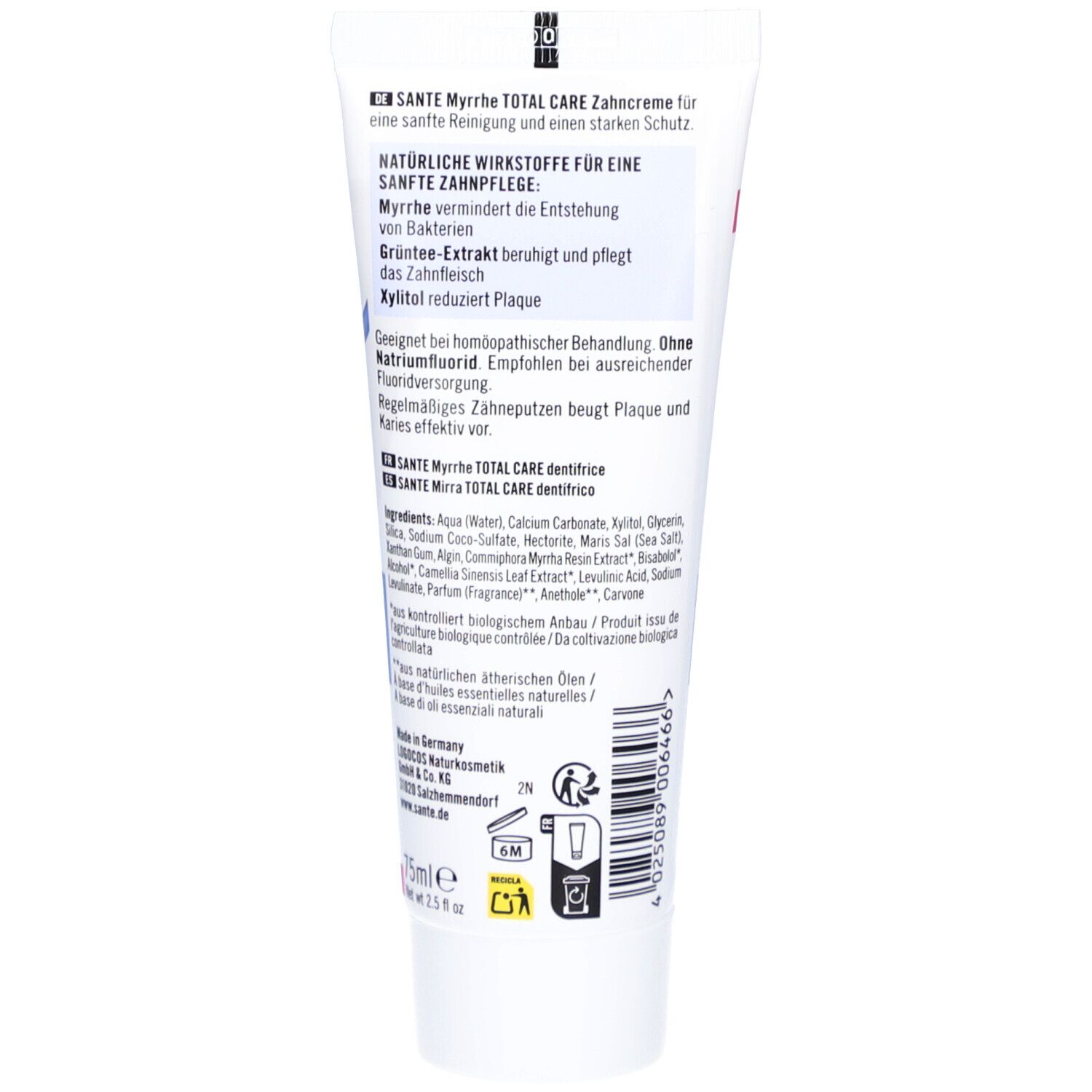 Witte tube Sante Myrrhe Total Care tandpasta met productinformatie in het Duits en Engels.