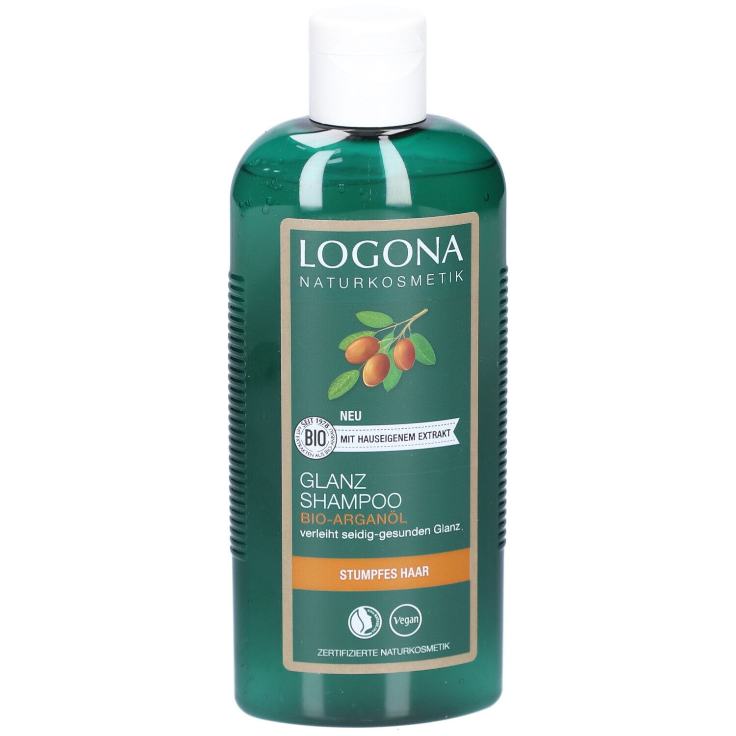Flacon vert avec bouchon blanc. Inscription : LOGONA Naturkosmetik, Glanz Shampoo Bio-Arganöl. Pour cheveux ternes. Vegan.