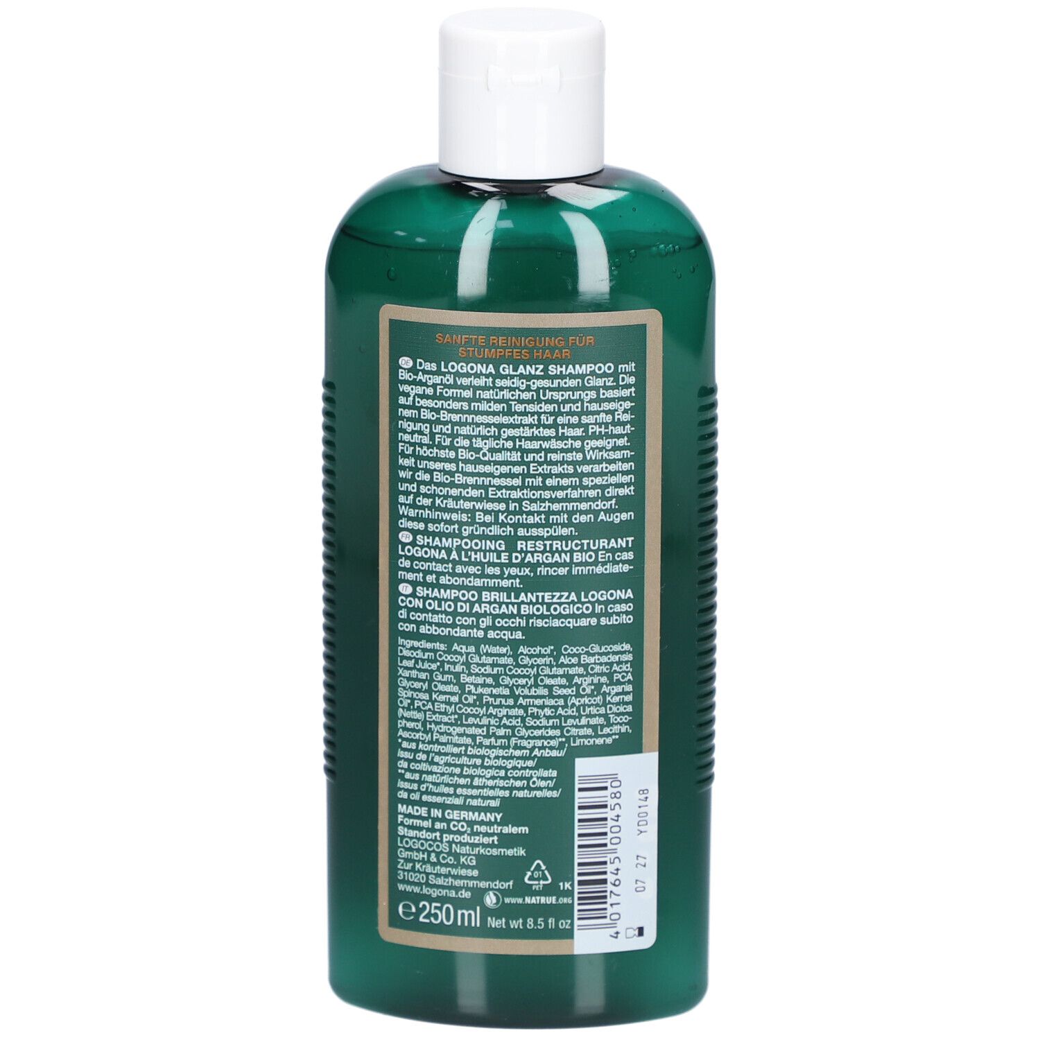 Dos du flacon vert avec bouchon blanc. Texte en allemand, français et italien. Volume : 250 ml.