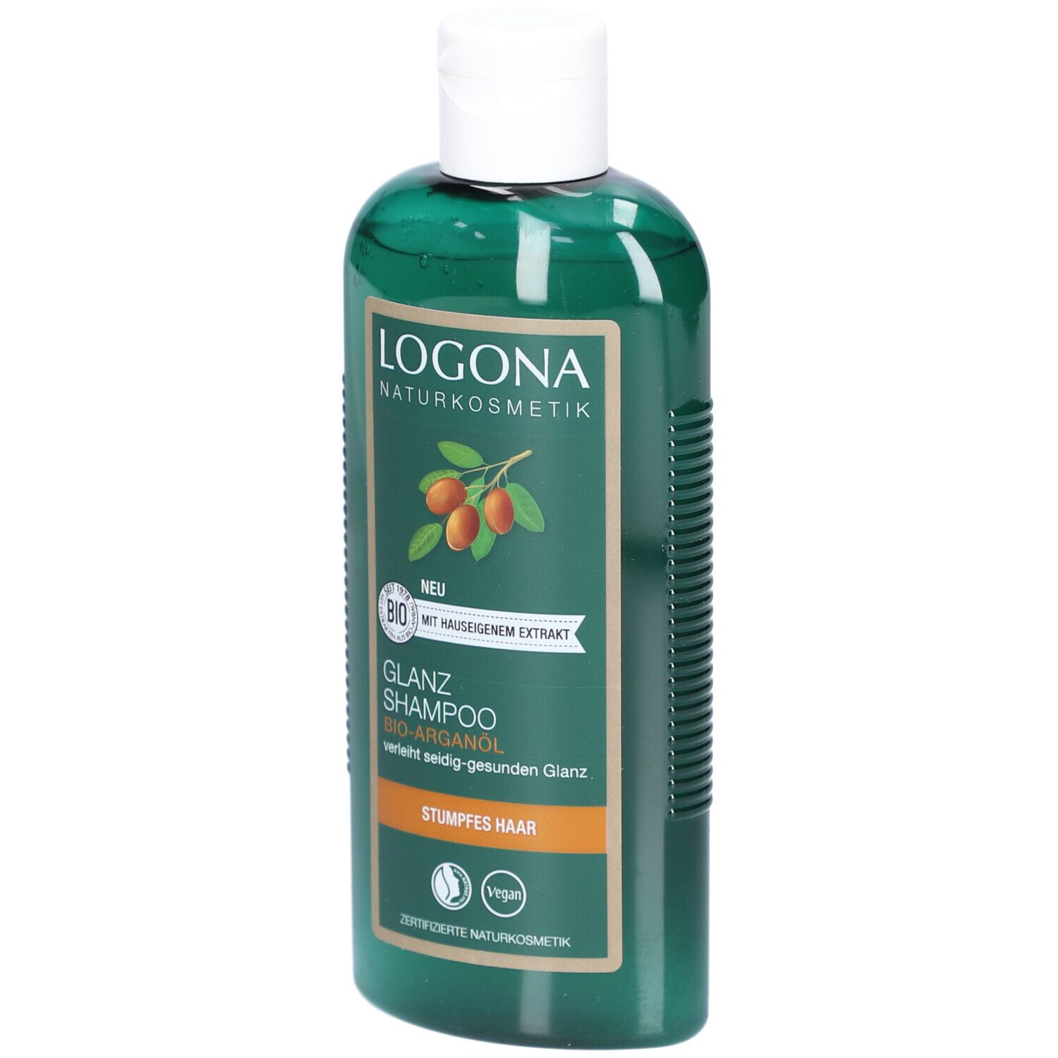 Flacon vert avec bouchon blanc. Inscription : LOGONA Naturkosmetik, Glanz Shampoo Bio-Arganöl. Pour cheveux ternes. Vegan.