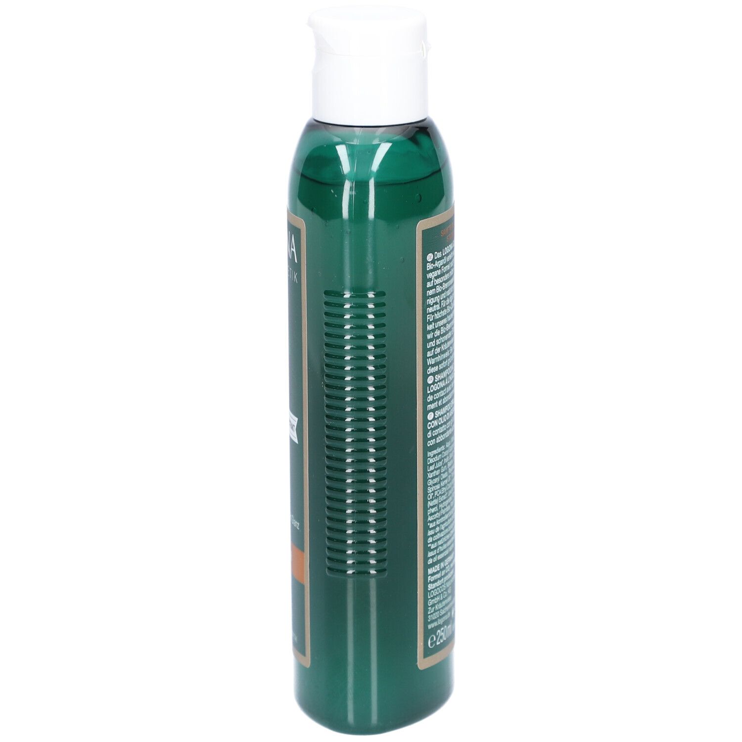 Flacon vert avec bouchon blanc, vue latérale. Inscription : LOGONA Naturkosmetik, Glanz Shampoo Bio-Arganöl. Volume : 250 ml.