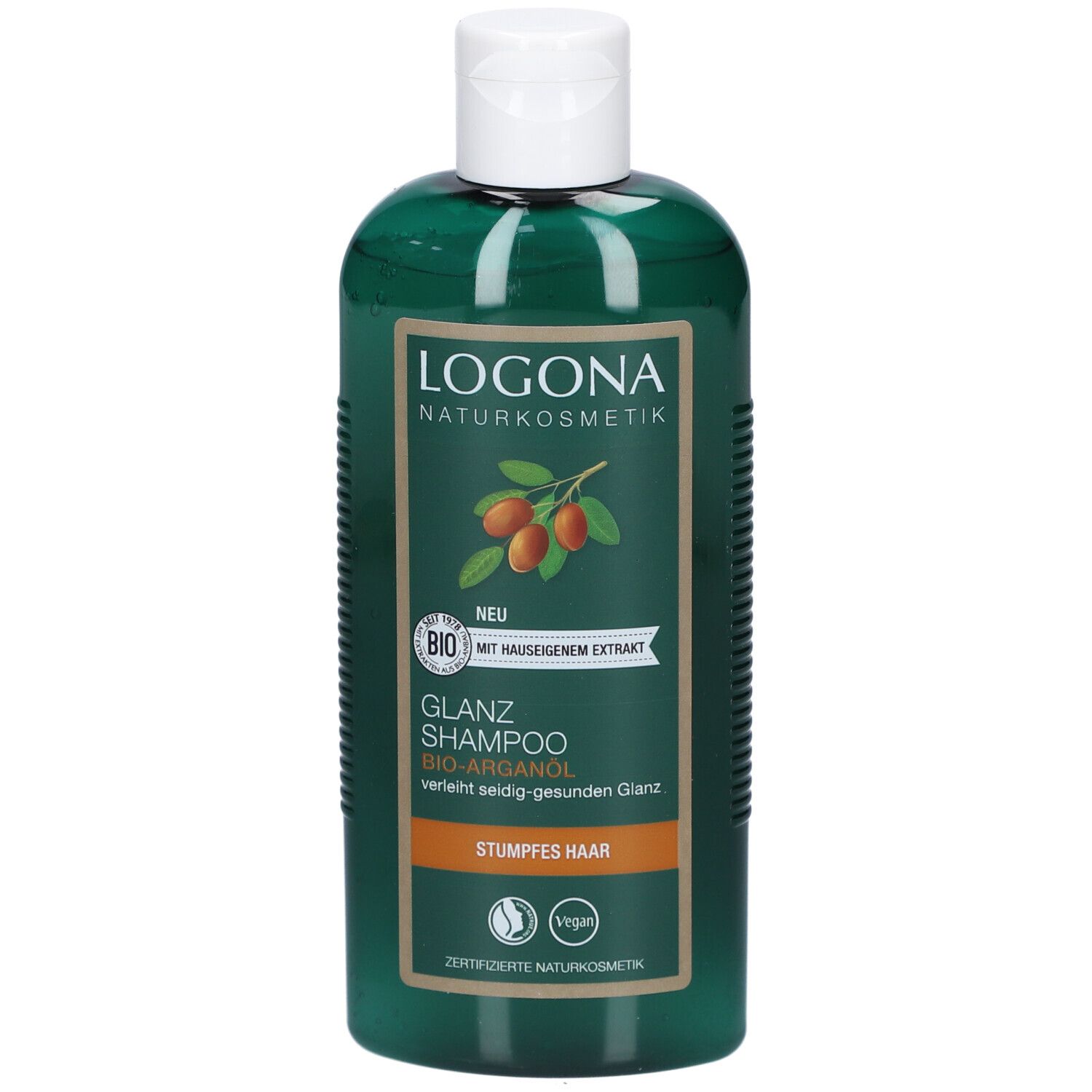 Flacon vert avec bouchon blanc. Inscription : LOGONA Naturkosmetik, Glanz Shampoo Bio-Arganöl. Pour cheveux ternes. Vegan.