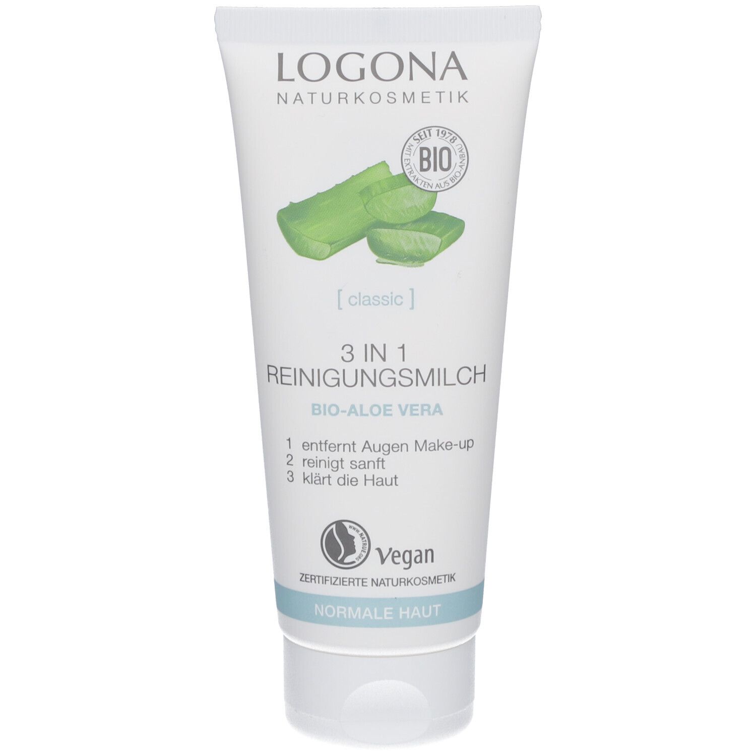 Tube blanche et verte avec illustration et texte. Contient de l'aloe vera bio. Label vegan.