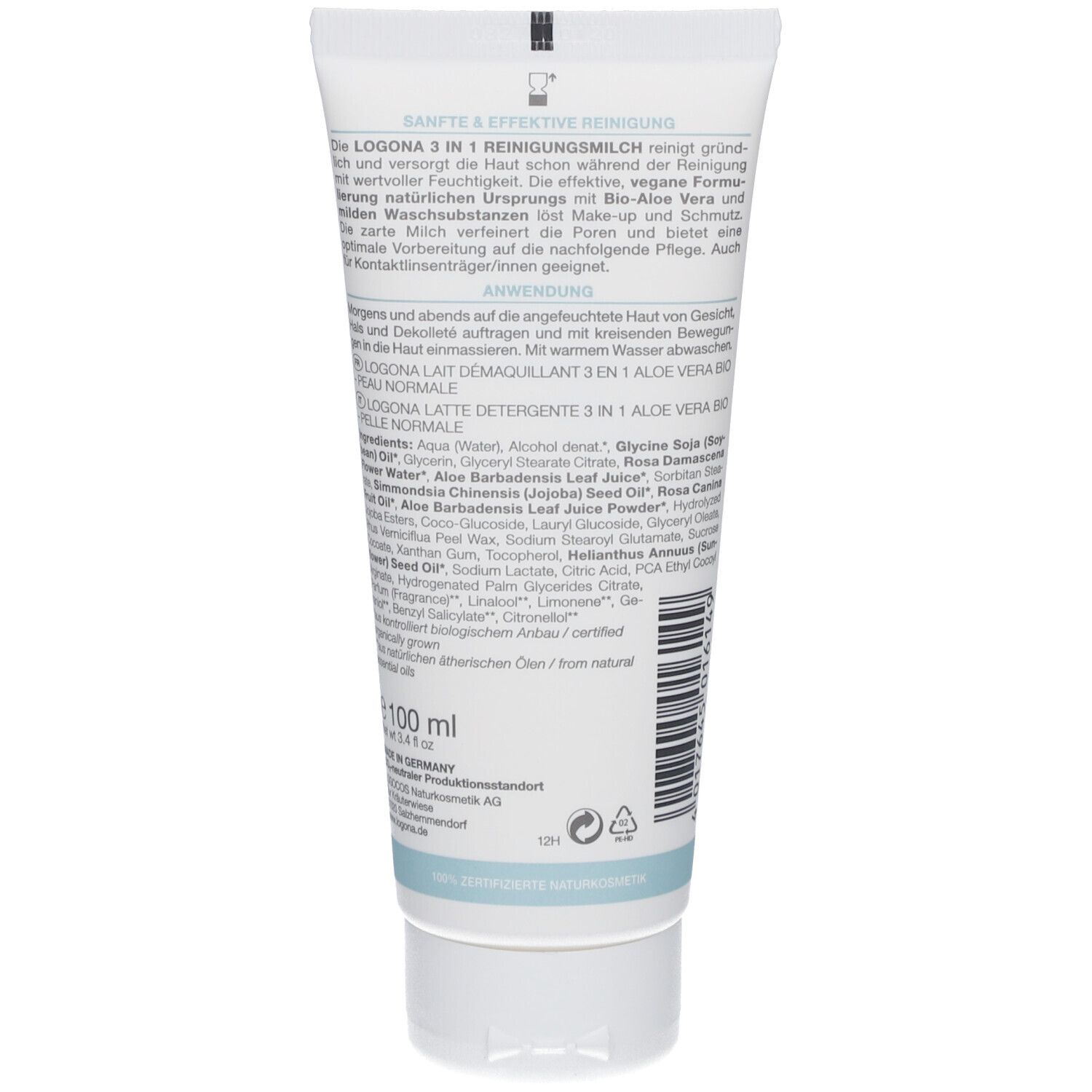 Dos du tube avec texte et ingrédients. Contient 100 ml. Fabriqué en Allemagne.