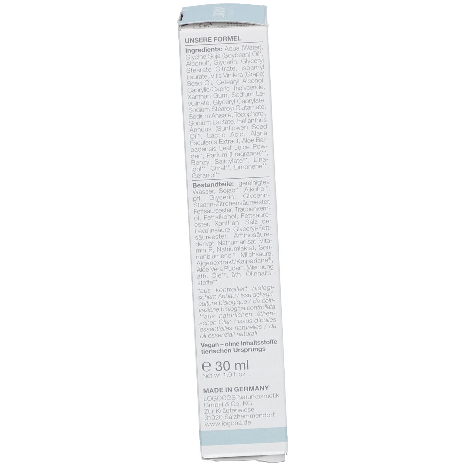 Emballage avec texte. Contient ingrédients, volume 30 ml et "MADE IN GERMANY".