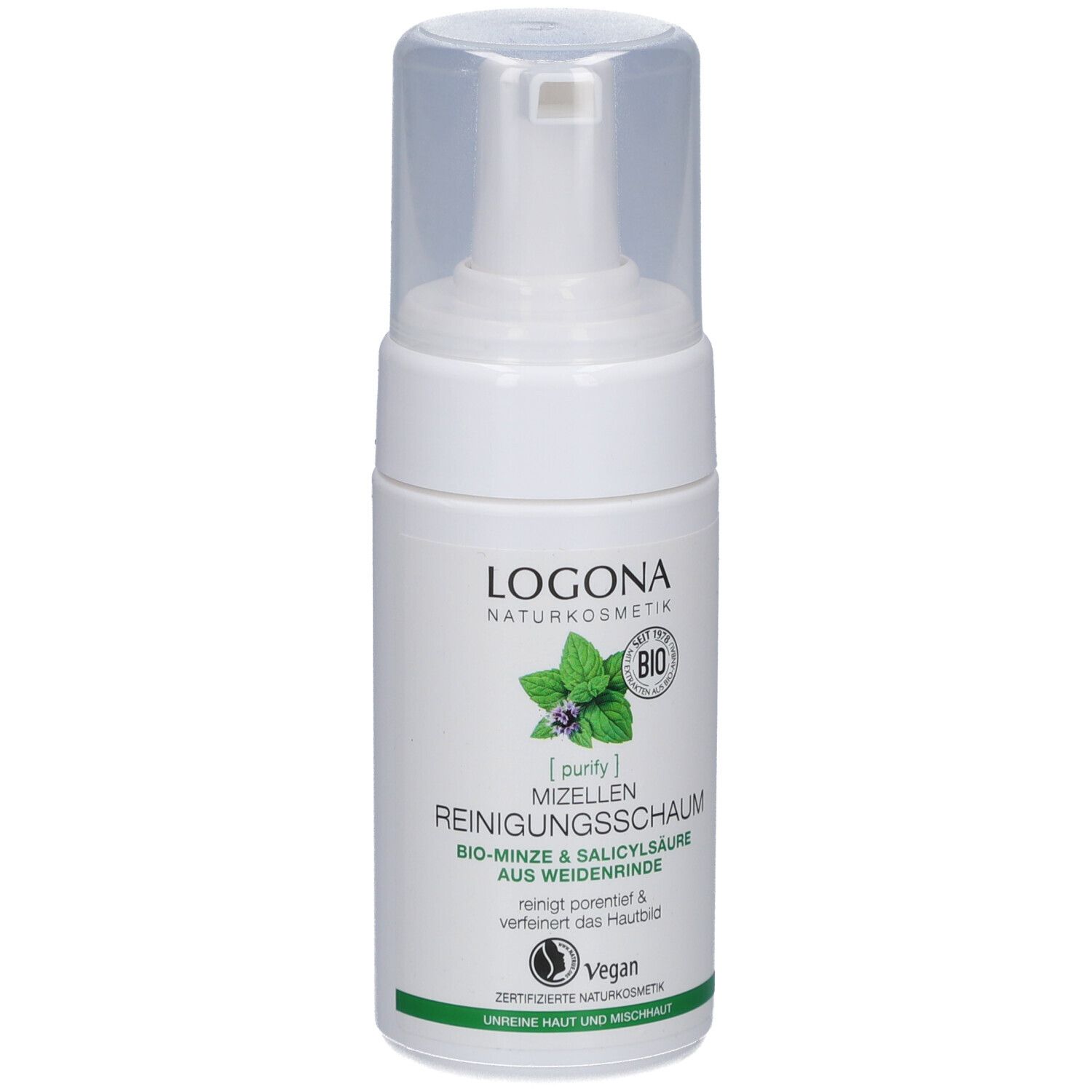 Flacon blanc avec pompe. Inscription : LOGONA, Mousse nettoyante micellaire. Bio-menthe & acide salicylique. Vegan.