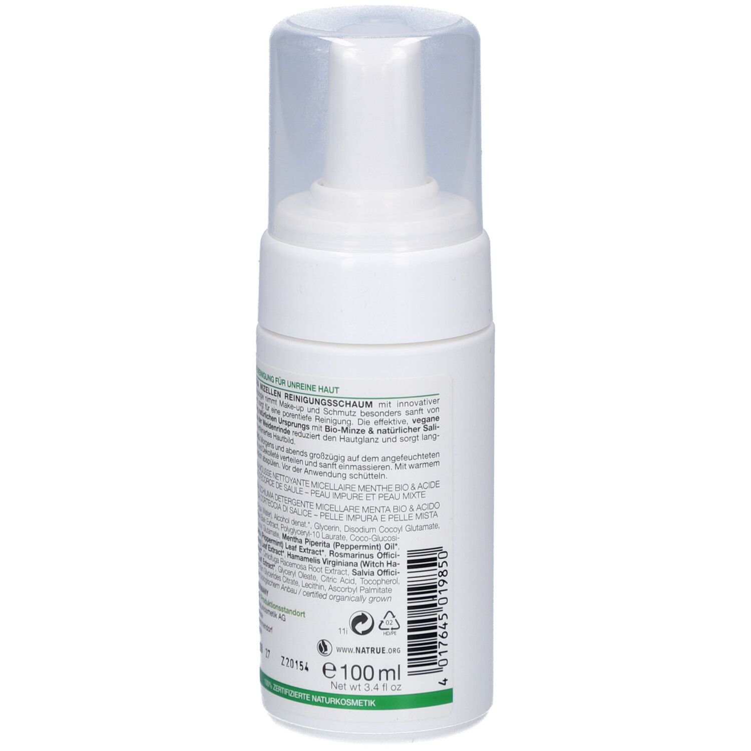 Flacon blanc avec pompe, dos avec texte. Inscription : 100 ml. Label Natrue.