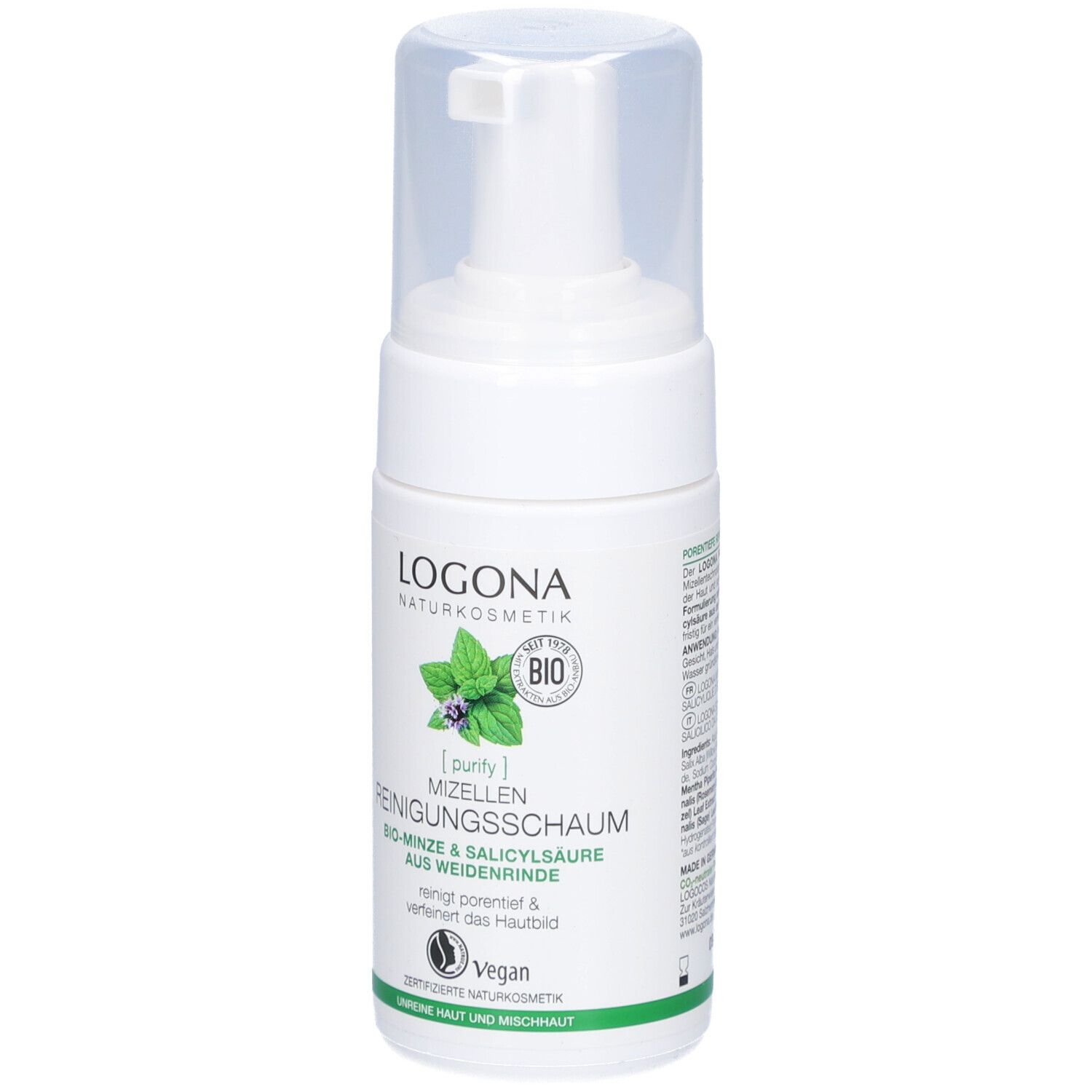 Flacon blanc avec pompe. Inscription : LOGONA, Mousse nettoyante micellaire. Bio-menthe & acide salicylique. Vegan.