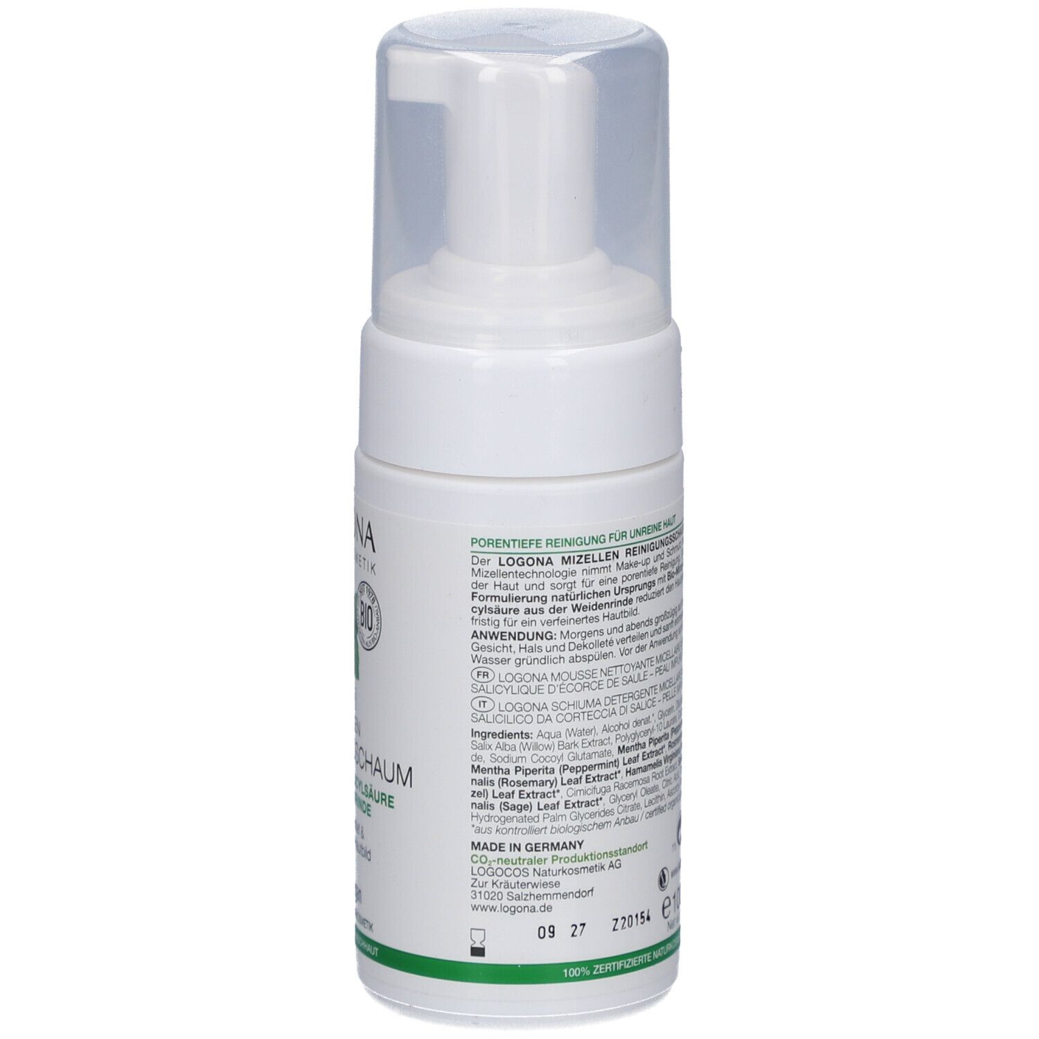 Flacon blanc avec pompe, dos avec texte. Inscription : LOGONA Mousse nettoyante micellaire. 100 ml.