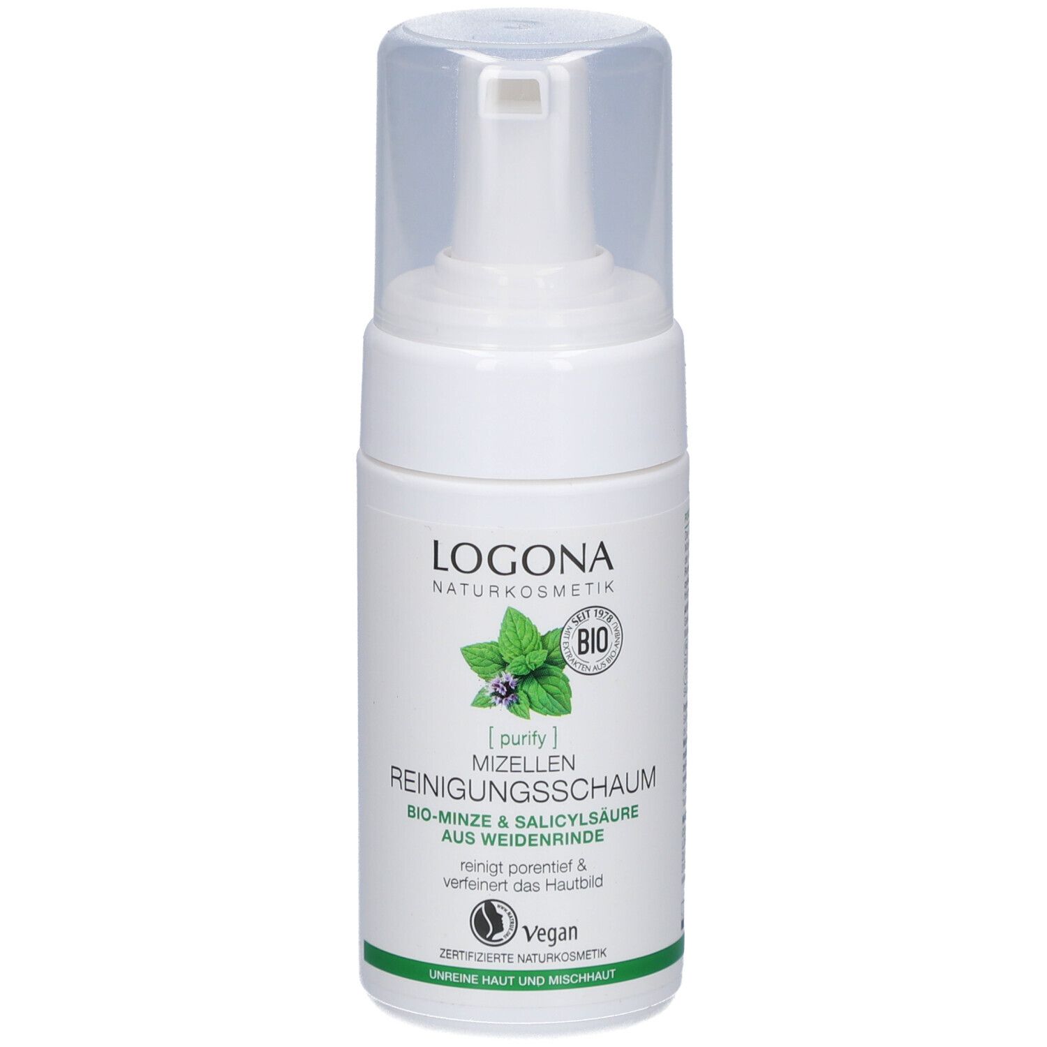 Flacon blanc avec pompe. Inscription : LOGONA, Mousse nettoyante micellaire. Bio-menthe & acide salicylique. Vegan.