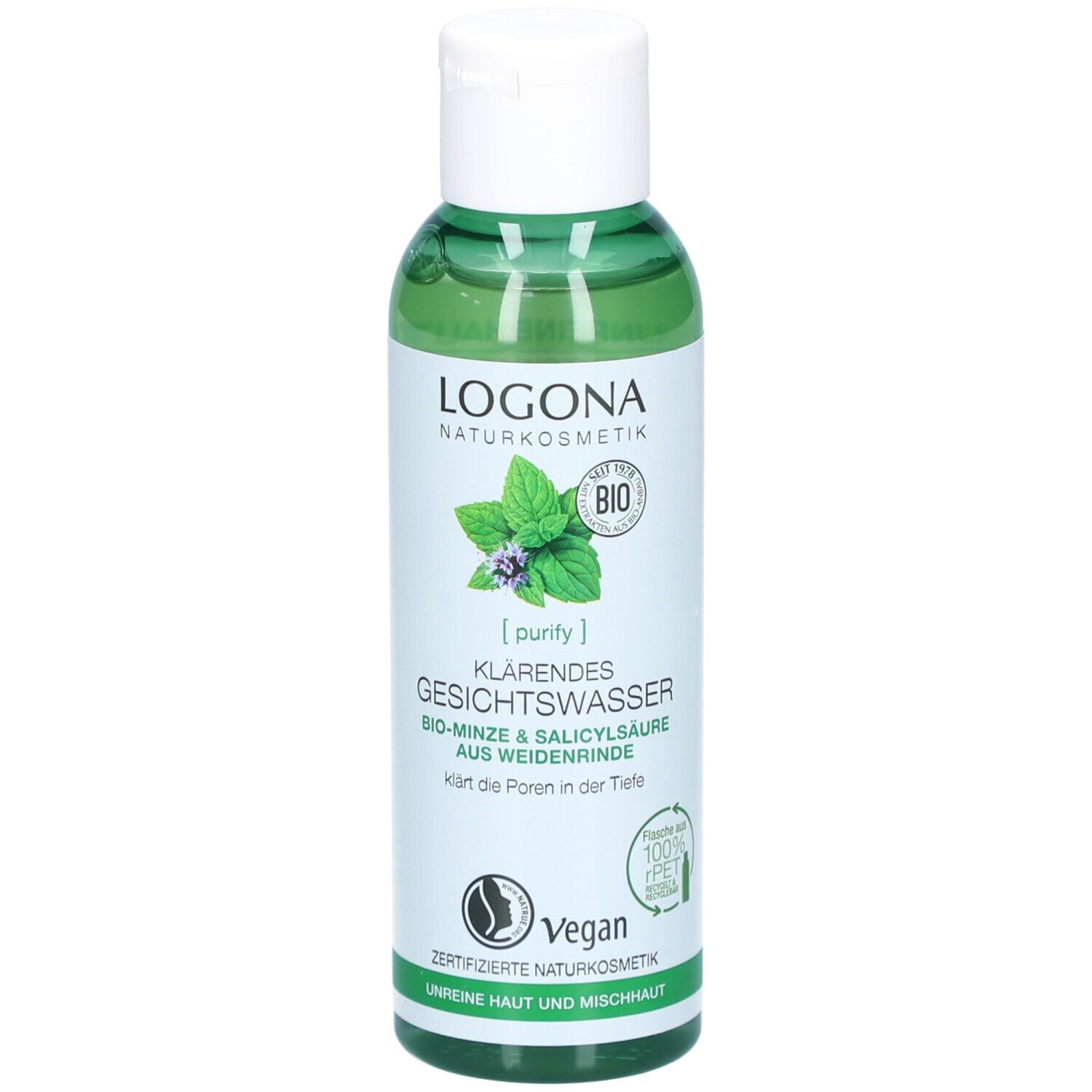 Groene fles met witte dop. Logo en productnaam: Zuiverende gezichtslotion. Bio-munt & salicylzuur.