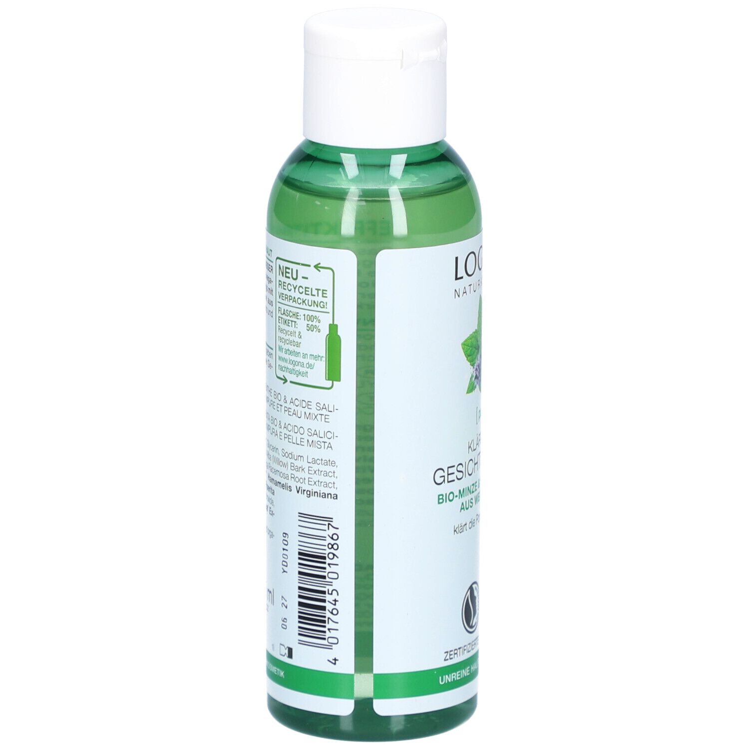 Achterkant van de groene fles. Tekst: ingrediënten, recyclinginfo. Productnaam en logo zichtbaar.