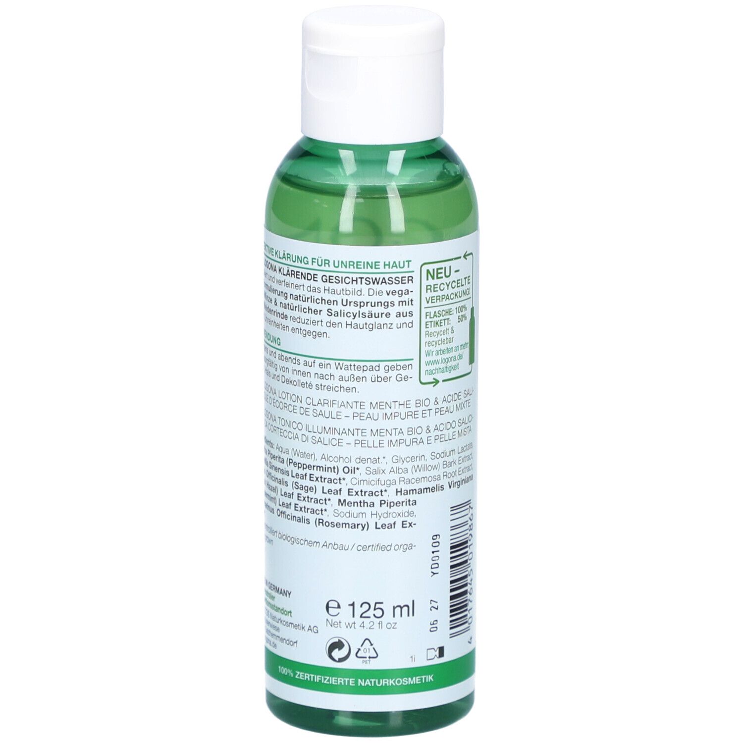 Achterkant groene fles. Tekst: ingrediënten, gebruik, productinfo. Formaat: 125 ml.