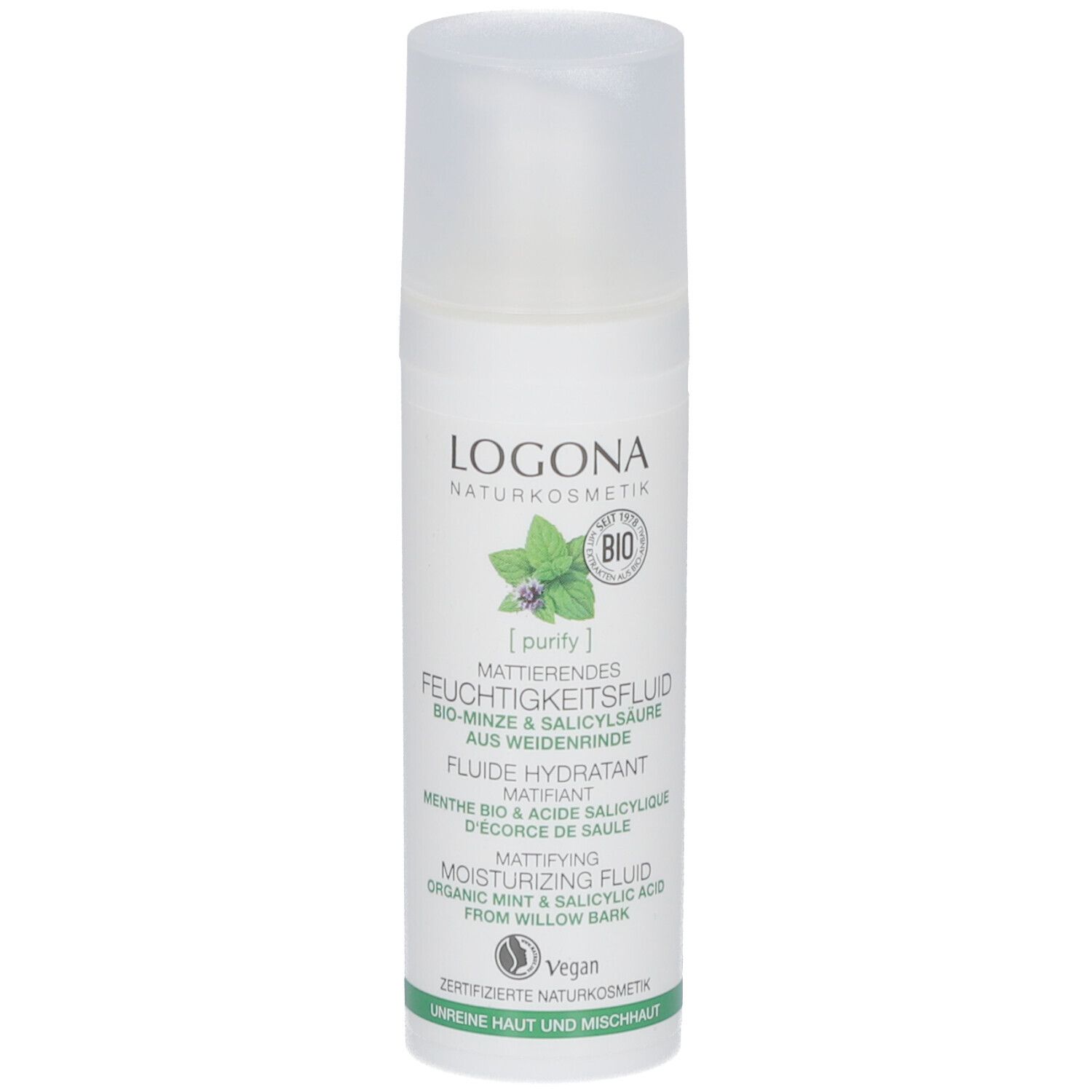 Flacon blanc avec étiquette verte. Texte: LOGONA, Fluide hydratant matifiant, Menthe bio & acide salicylique. Vegan.