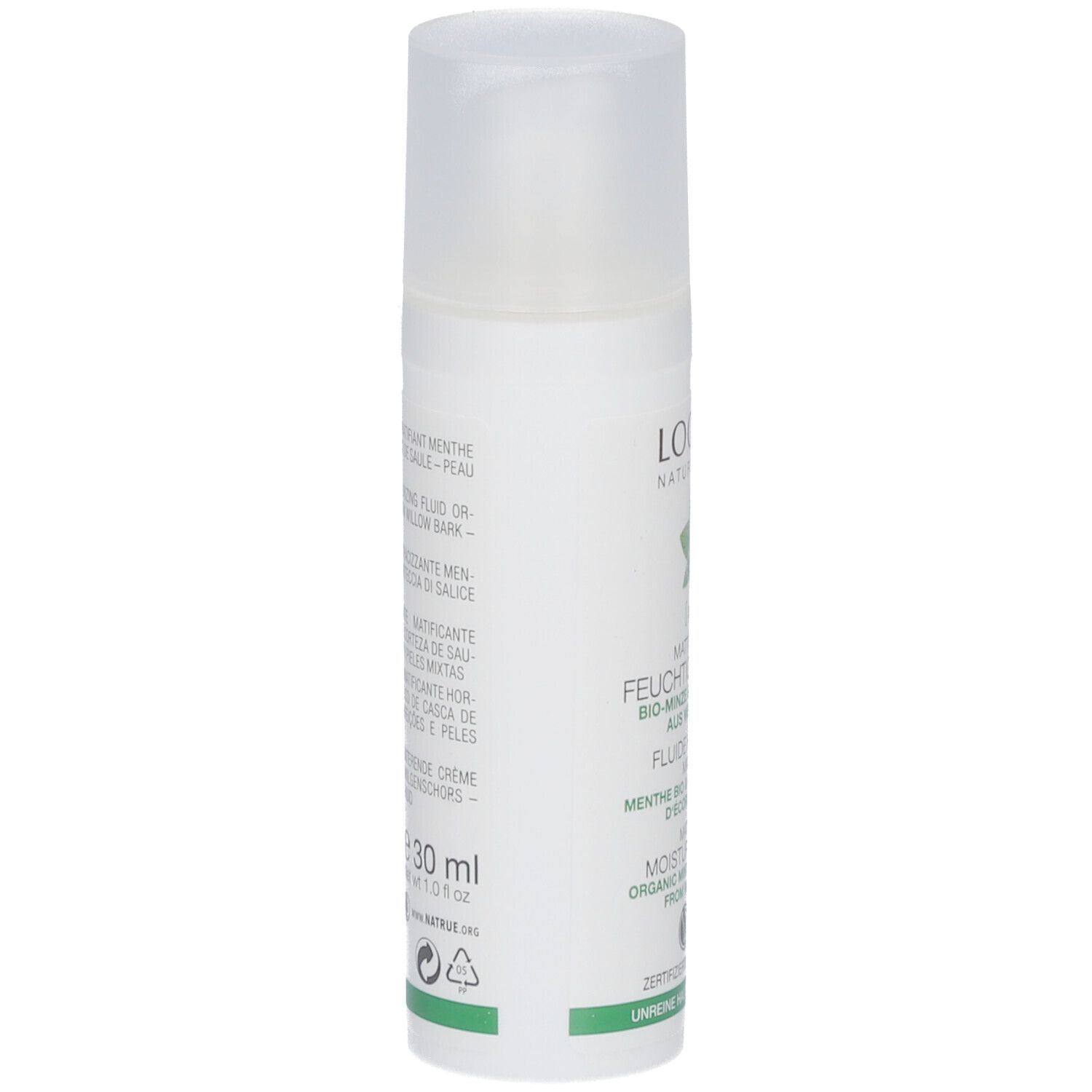 Flacon blanc avec étiquette verte. Texte: LOGONA, Fluide hydratant matifiant, Menthe bio & acide salicylique. 30 ml.