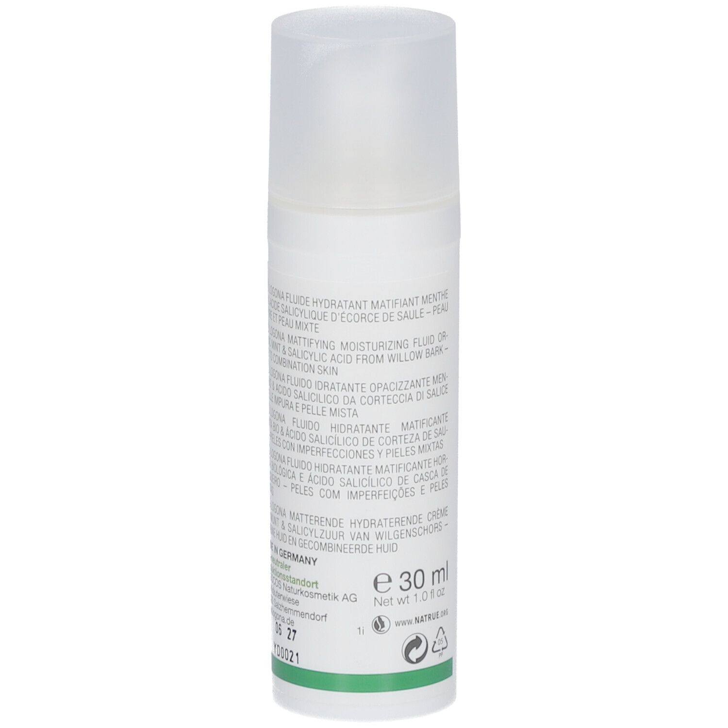 Flacon blanc avec étiquette verte. Texte: LOGONA, Fluide hydratant matifiant, Menthe bio & acide salicylique. 30 ml.