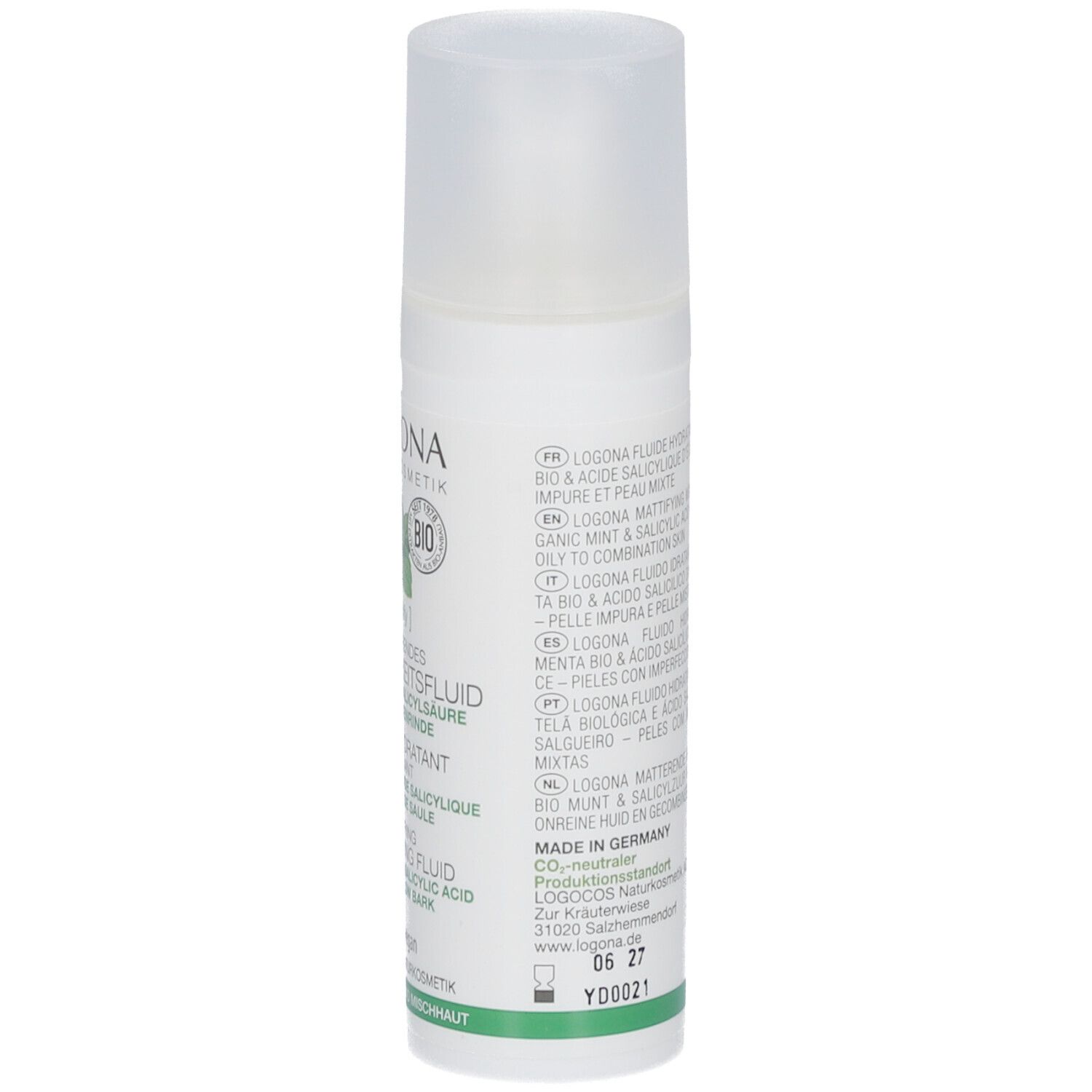 Flacon blanc avec étiquette verte. Texte: LOGONA, Fluide hydratant matifiant, Menthe bio & acide salicylique. 30 ml.