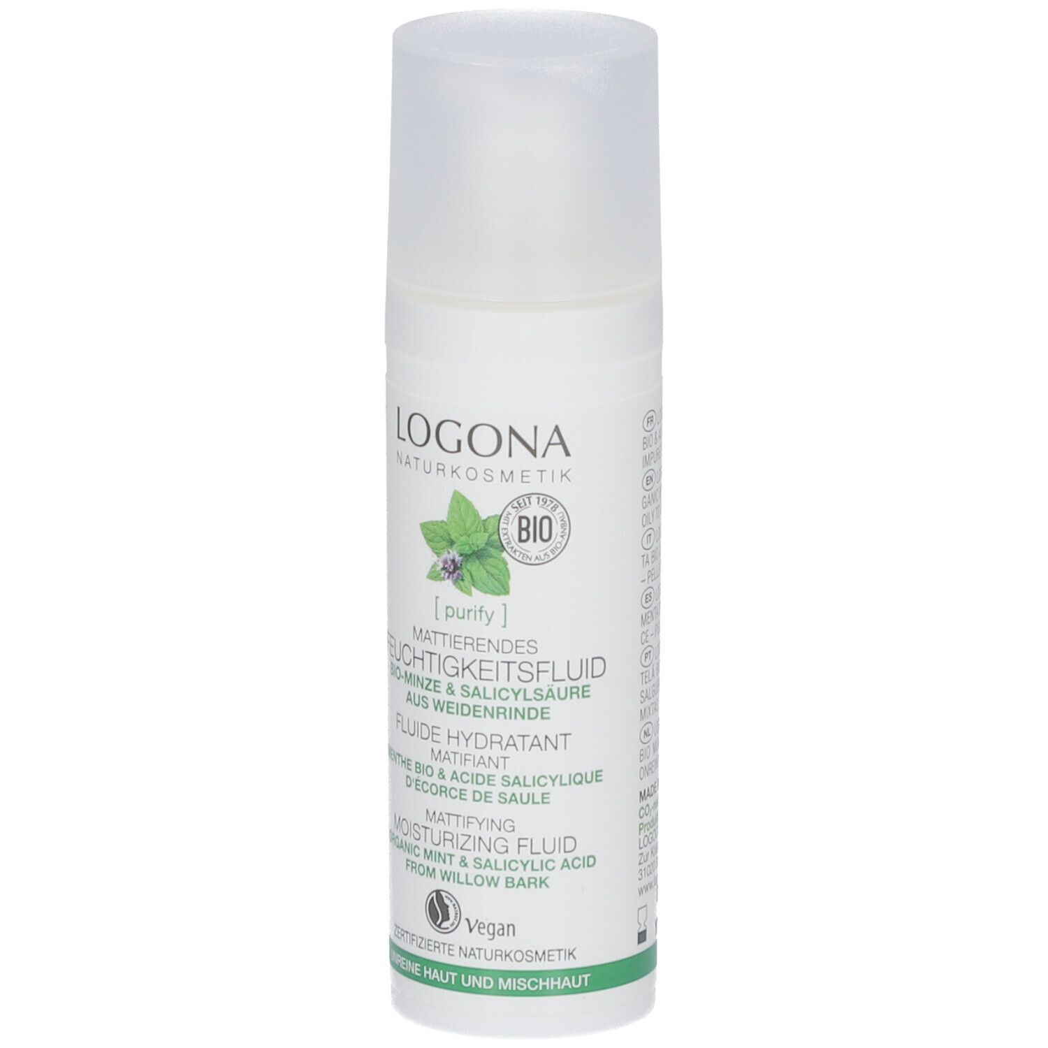 Flacon blanc avec étiquette verte. Texte: LOGONA, Fluide hydratant matifiant, Menthe bio & acide salicylique. Vegan.