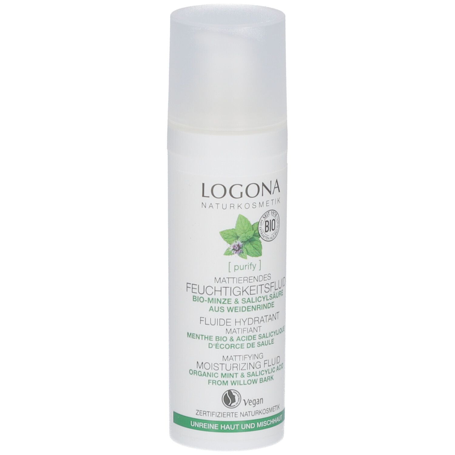Flacon blanc avec étiquette verte. Texte: LOGONA, Fluide hydratant matifiant, Menthe bio & acide salicylique. Vegan.