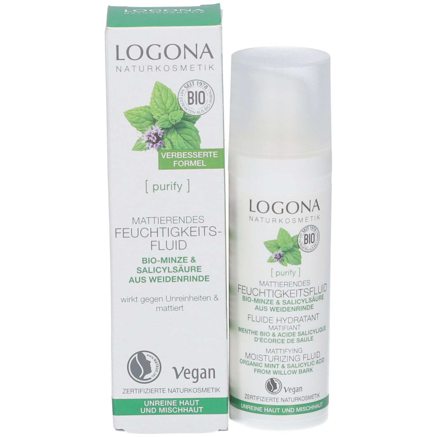 Flacon et emballage du produit. Texte: LOGONA, Fluide hydratant matifiant, Menthe bio & acide salicylique. Vegan.