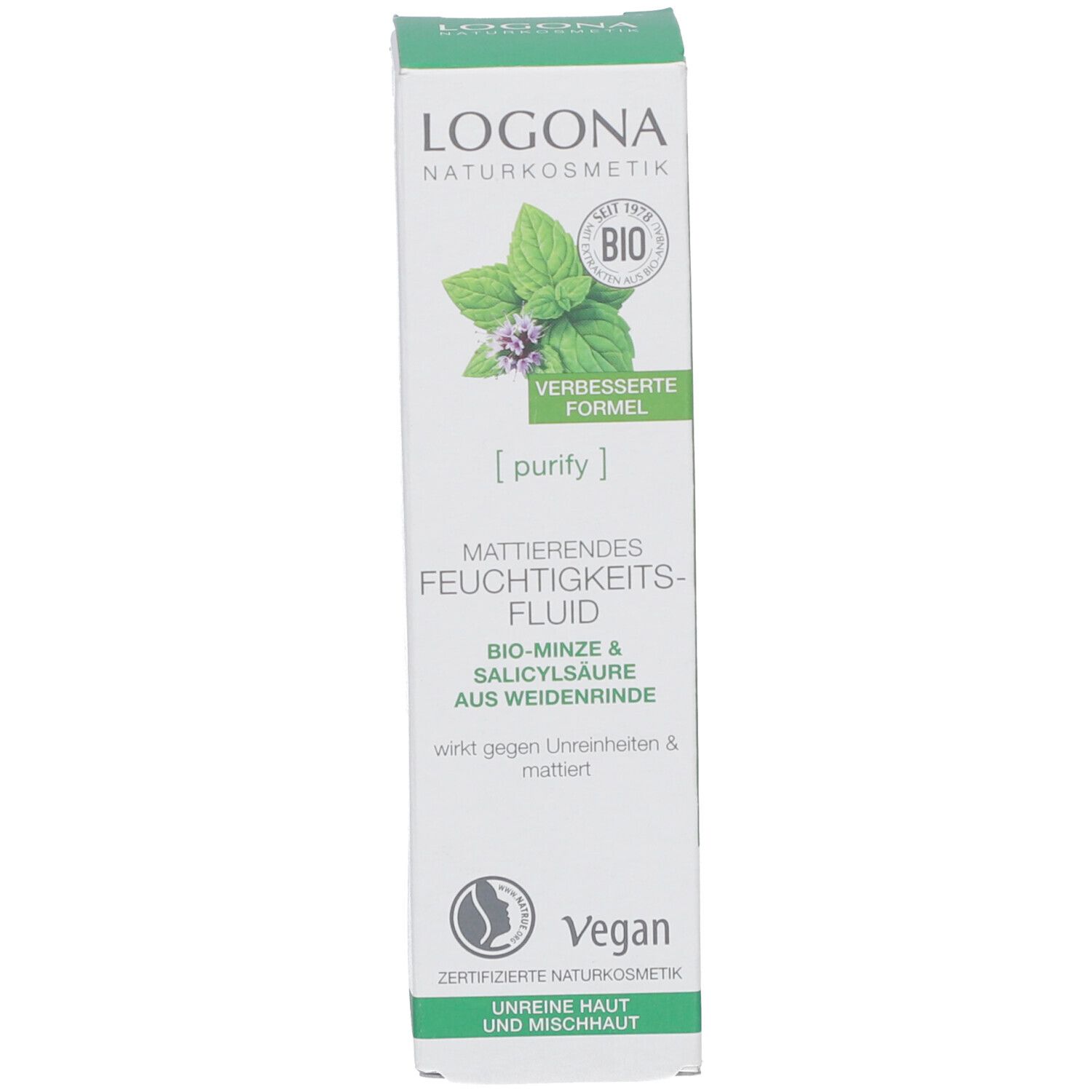 Emballage du produit. Texte: LOGONA, Fluide hydratant matifiant, Menthe bio & acide salicylique. Vegan.