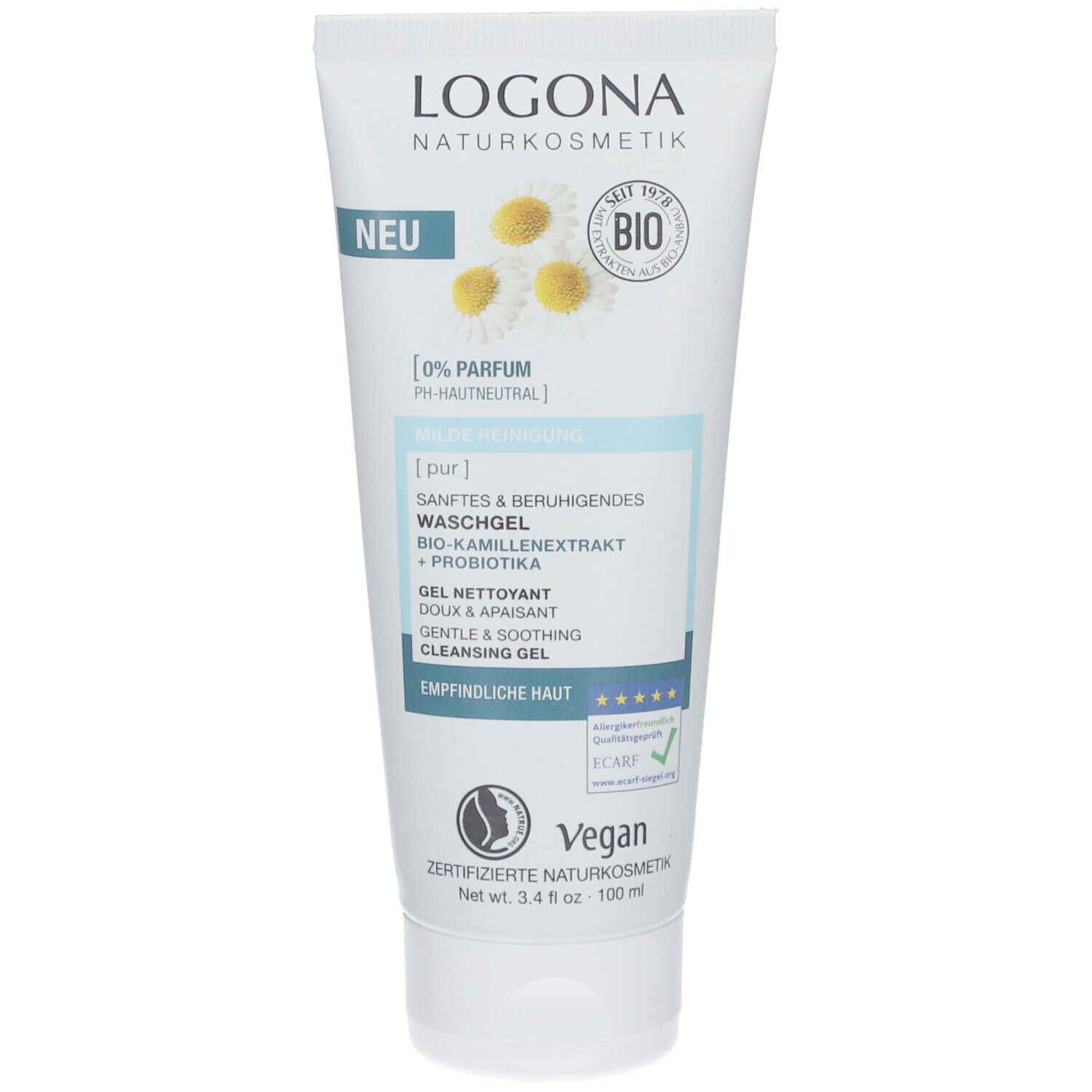 Tube blanche et bleue. Inscription: LOGONA, gel lavant, extrait de camomille, probiotiques. Label vegan. Certification bio.