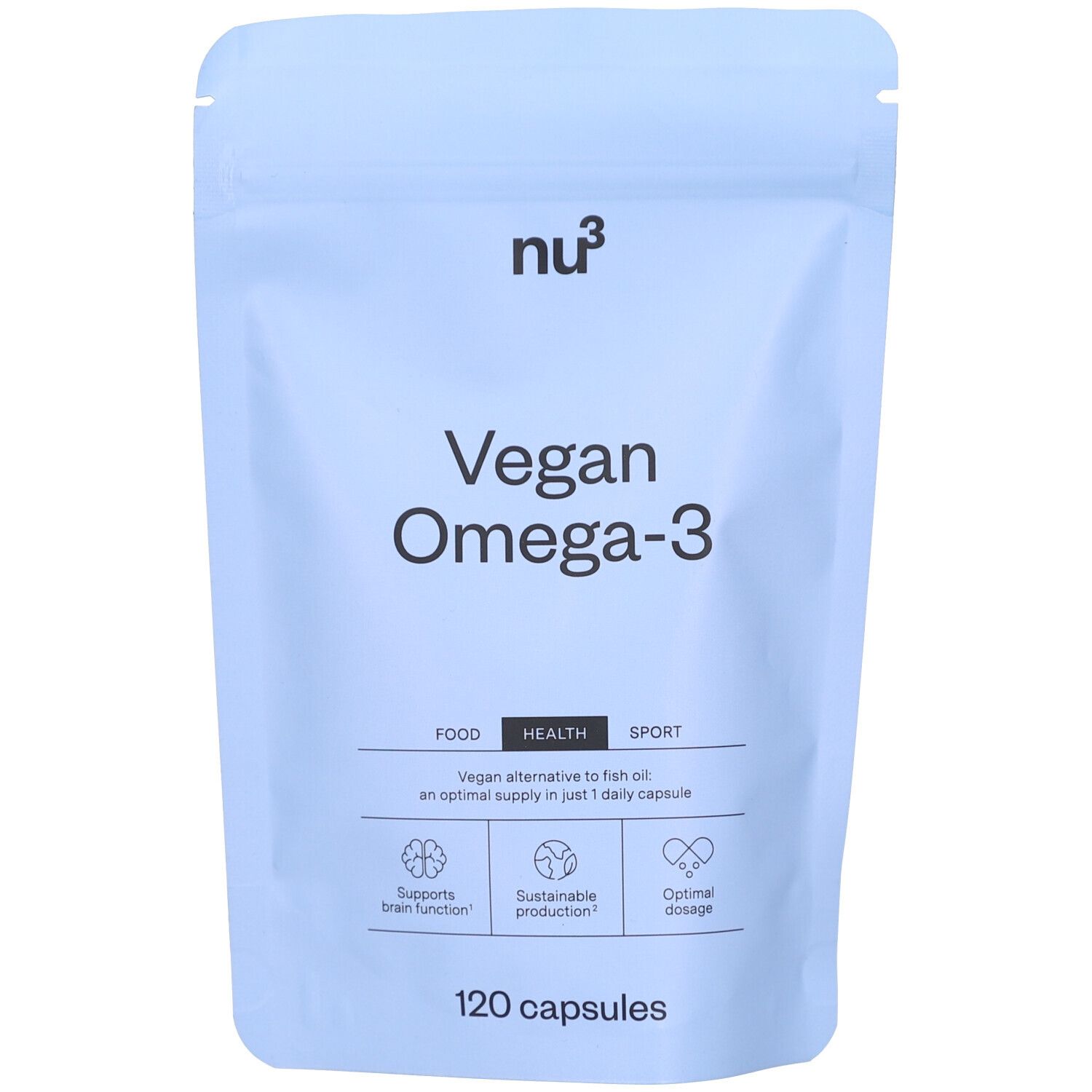 Lichtblauwe zak met opschrift Vegan Omega-3. Bevat 120 capsules. Opschrift: Food, Health, Sport. Vegan alternatief.
