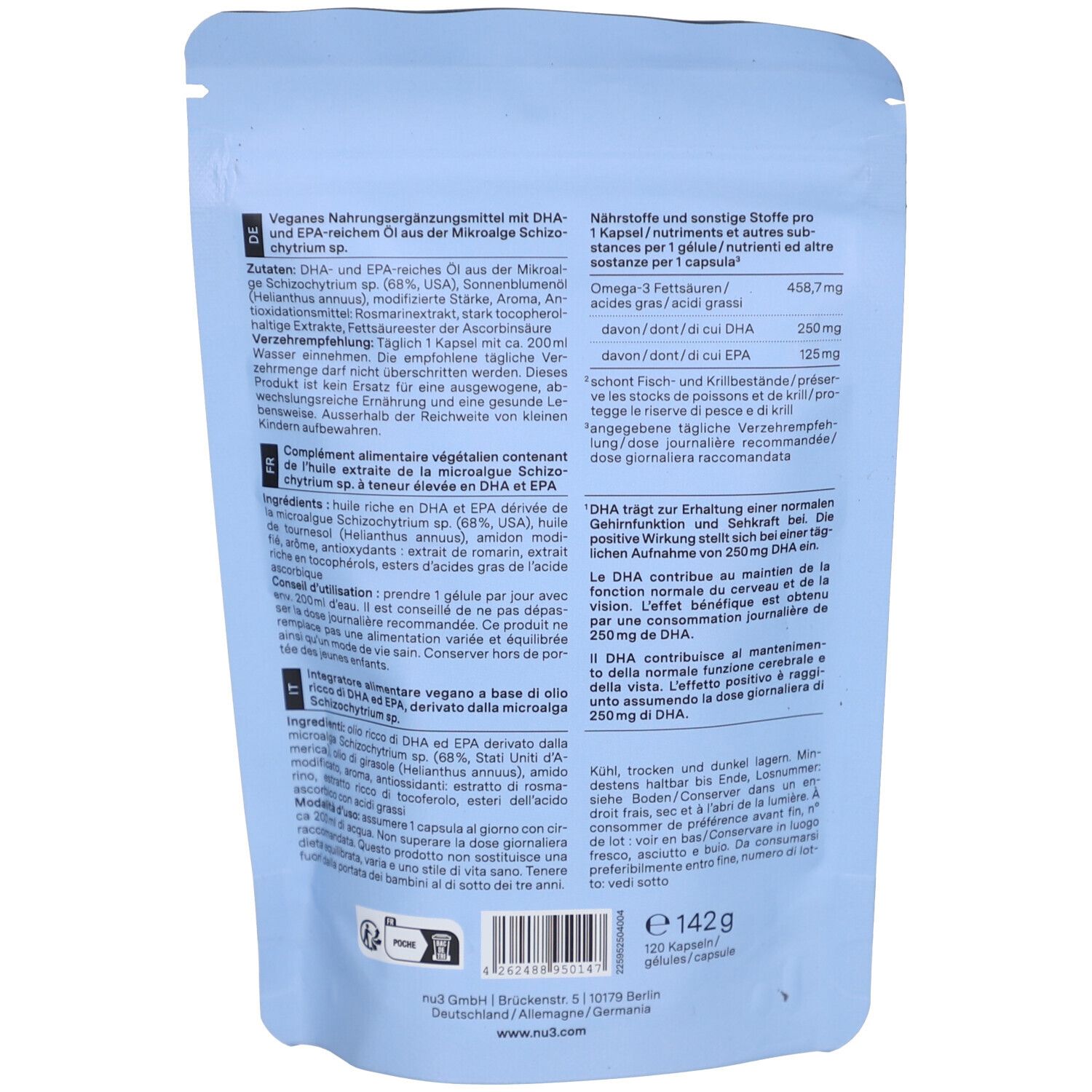 Achterkant van de lichtblauwe zakverpakking. Bevat informatie over ingrediënten, voedingswaarde en aanbevelingen voor gebruik. Gewicht: 142g.