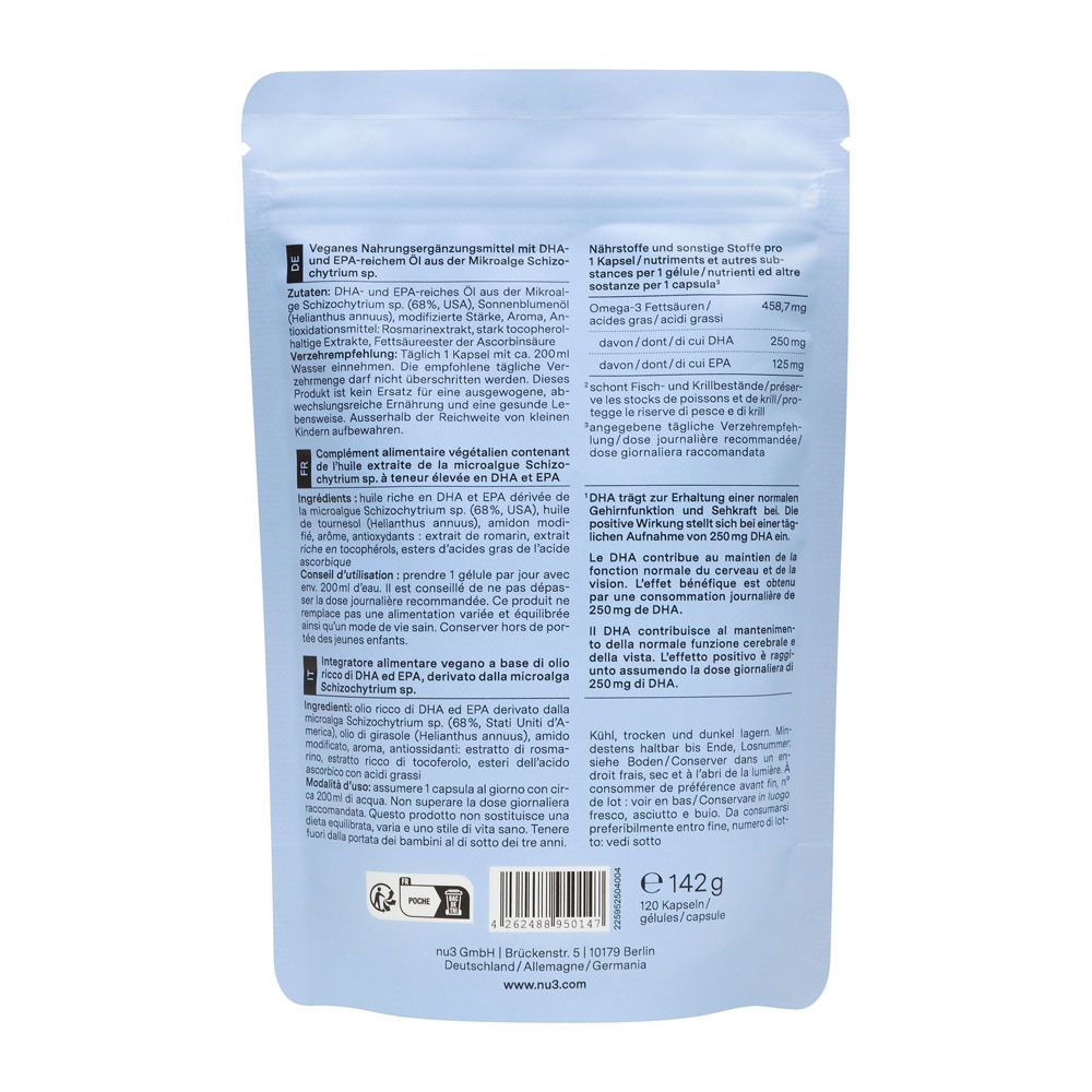 Achterkant van de verpakking. Tekst in het Duits, ingrediënten, voedingswaarde, gebruiksaanwijzing. 142g, 120 capsules.