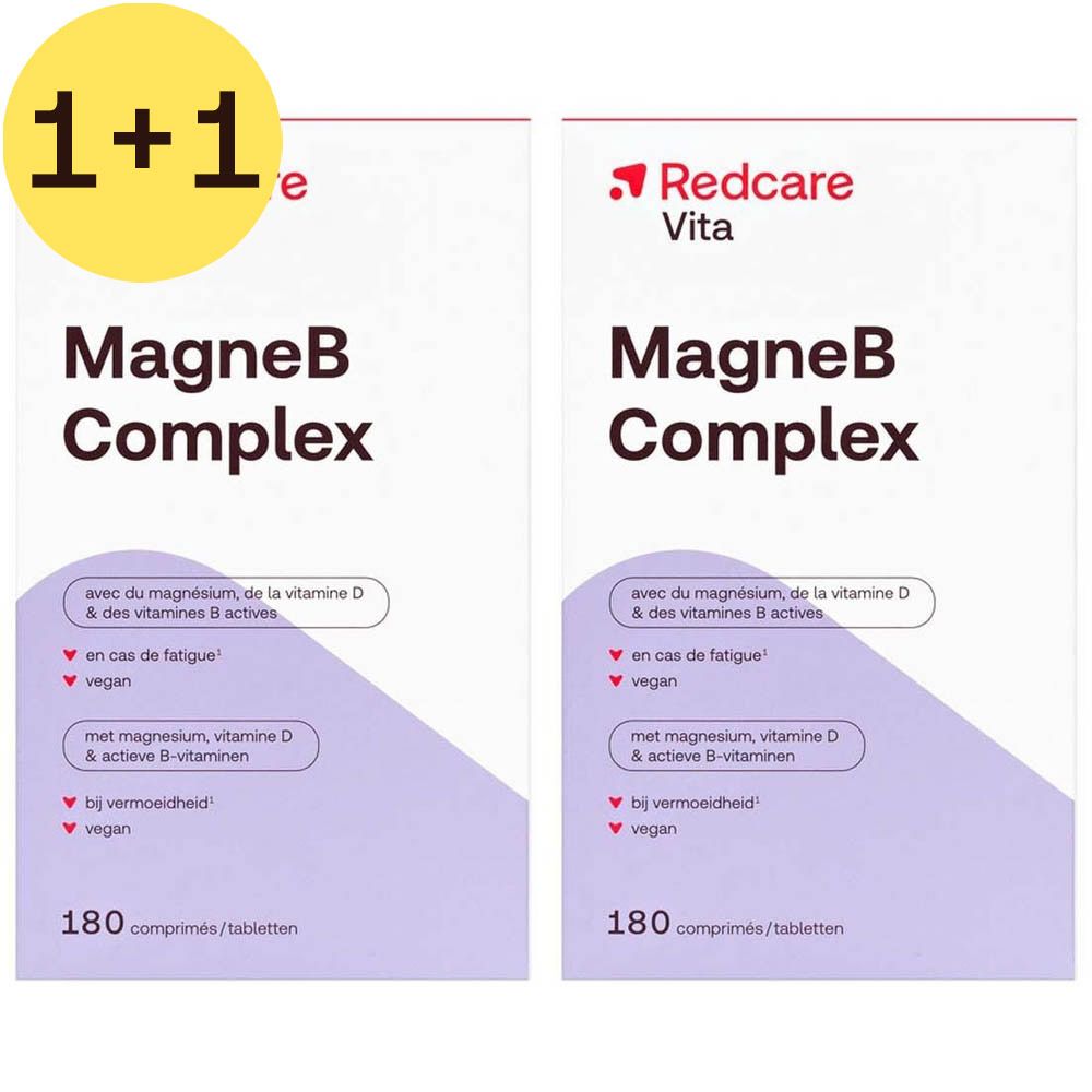 Twee verpakkingen Redcare Vita MagneB Complex met 1+1 sticker. Witte verpakking met rode tekst. Bevat magnesium, vitamine D en B.