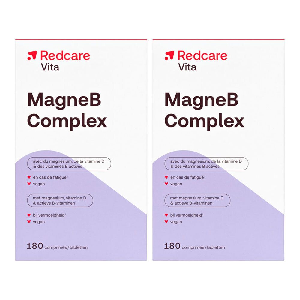 Deux boîtes de Redcare MagneB Complex. Inscription : MagneB Complex, avec magnésium, vitamine D et vitamines B actives. 180 comprimés.