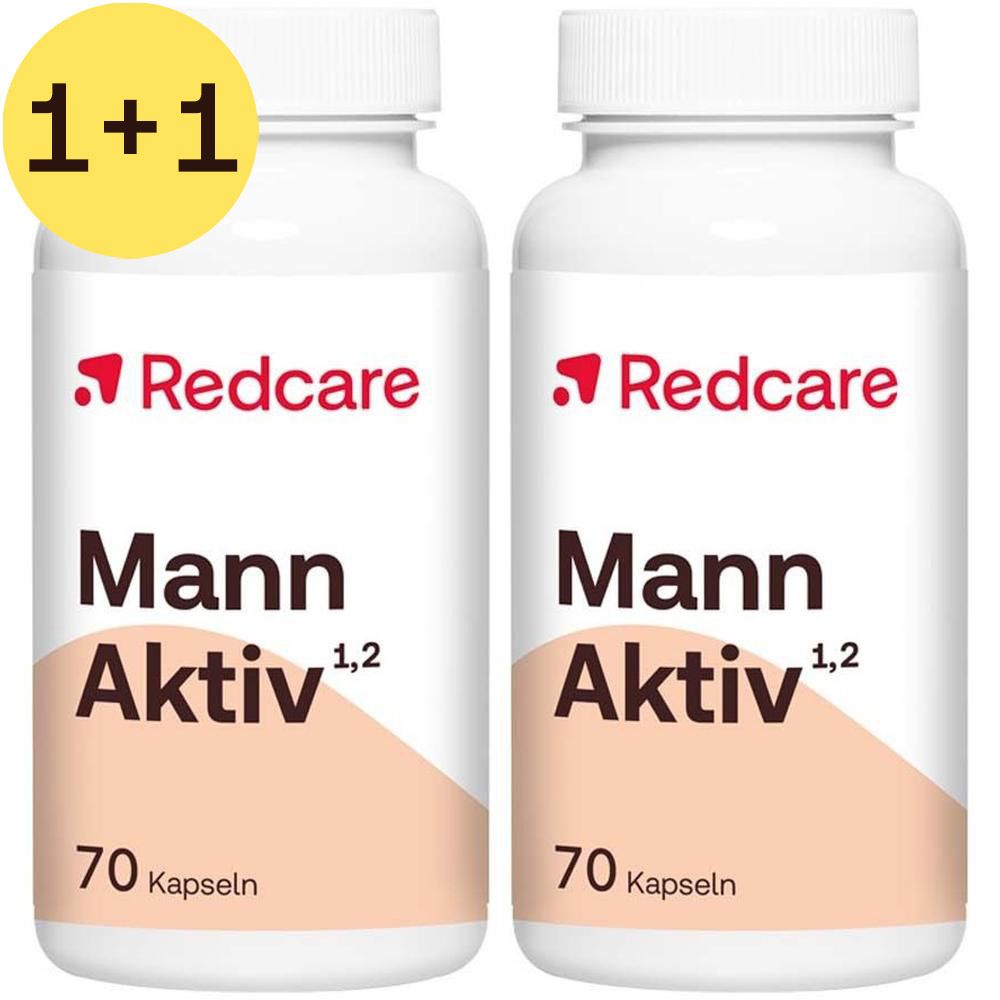 Twee witte flessen met capsules. Opschrift: Redcare, Mann Aktiv, 70 capsules. Gele sticker: 1+1.