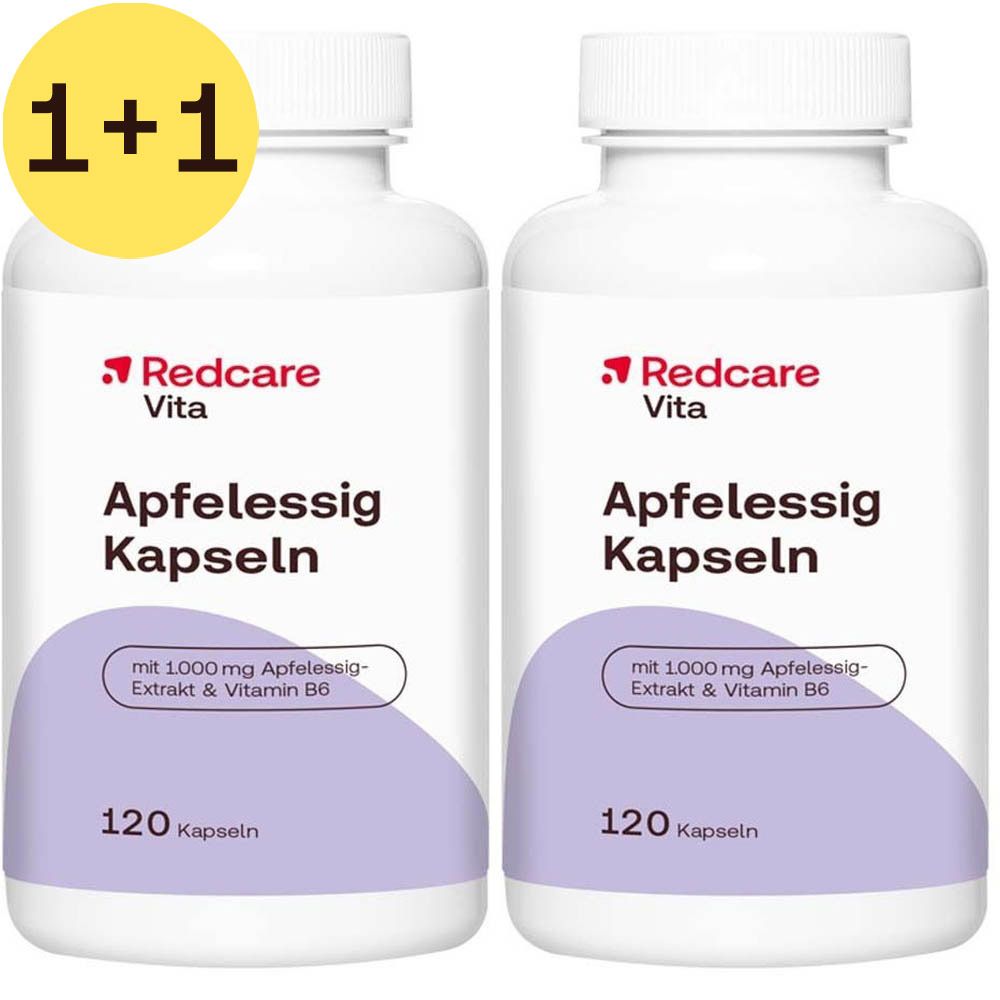 Twee witte flessen met capsules, 1+1 aanbieding. Opschrift: Redcare Vita Apfelessig Kapseln, 120 capsules.