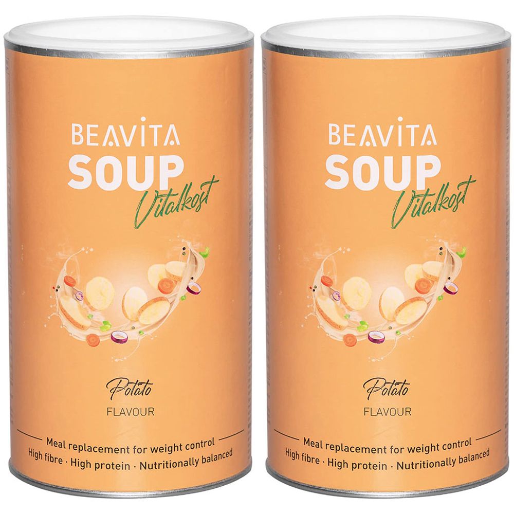 Twee blikken BEAVITA Soup Vitalikost. Opschrift: Potato Flavour. Illustratie van aardappelen en groenten. Tekst: Meal replacement for weight control.