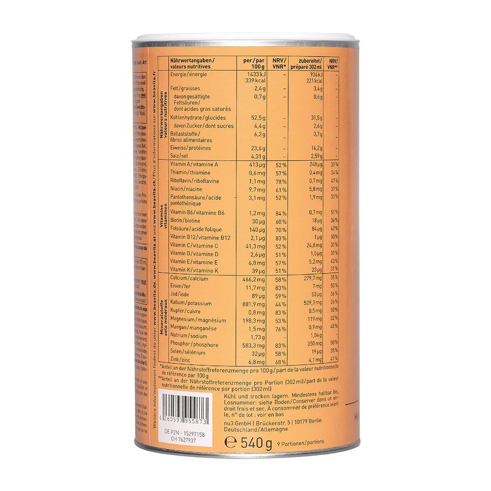 Blik met voedingsinformatie. Opschrift: BEAVITA. Tabellarische lijst van voedingswaarden per 100g en per portie. Tekst in het Duits.