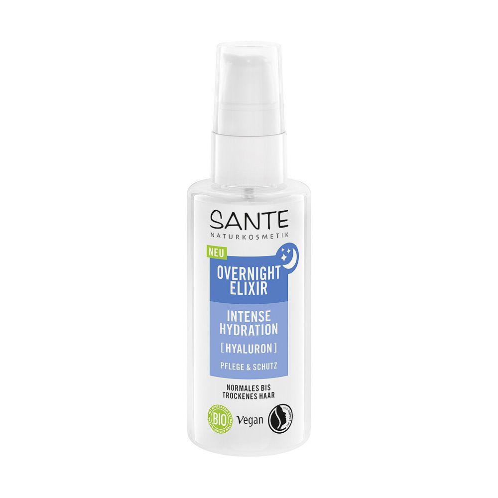 Witte fles met verstuiver. Opschrift: SANTE, Overnight Elixir, Intense Hydration, Hyaluron. Bio- en Vegan-zegels.
