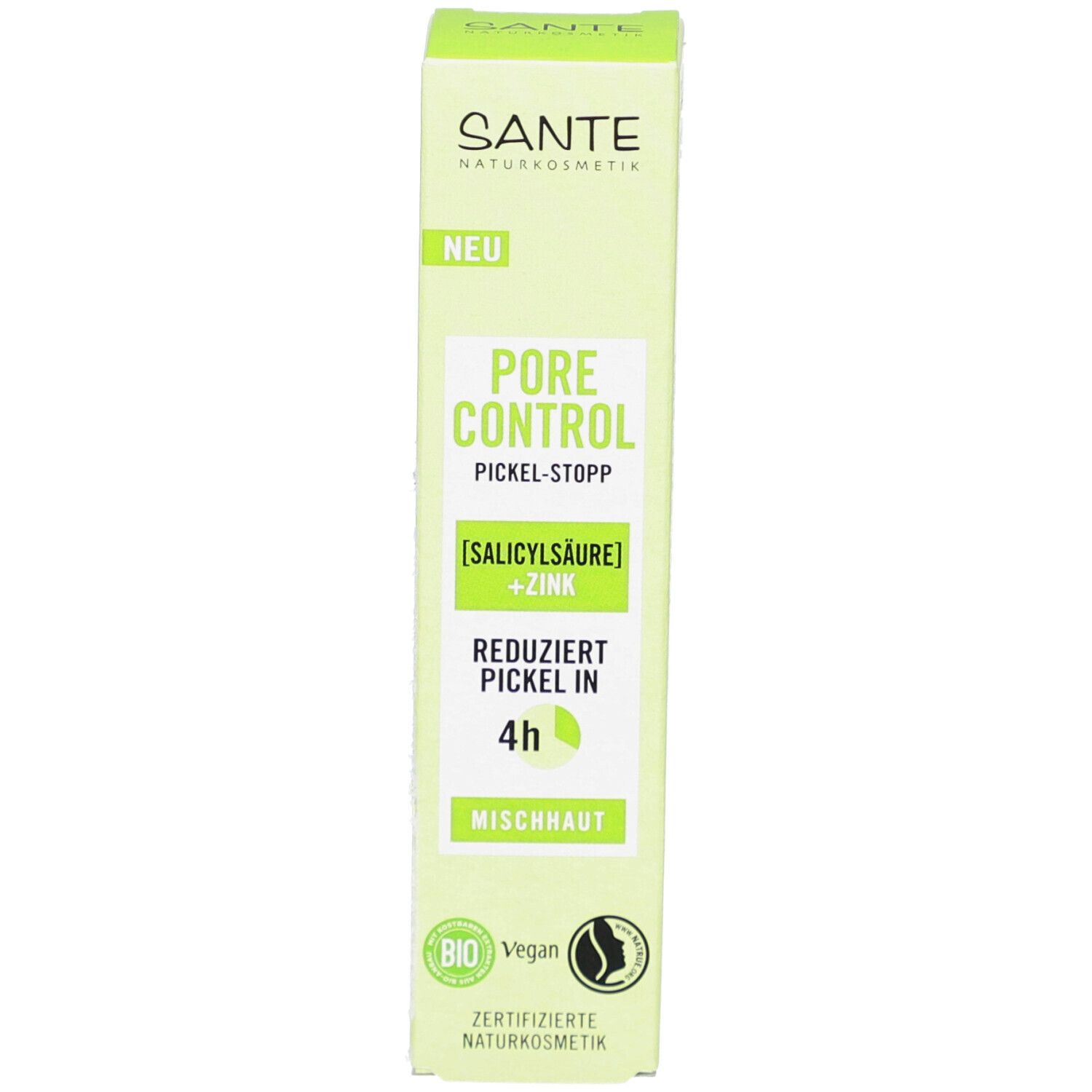 Boîte verte. Texte: SANTE, PORE CONTROL, PICKEL-STOPP, [ACIDE SALICYLIQUE] + ZINC, réduit les boutons en 4h, peau mixte. Bio. Vegan.