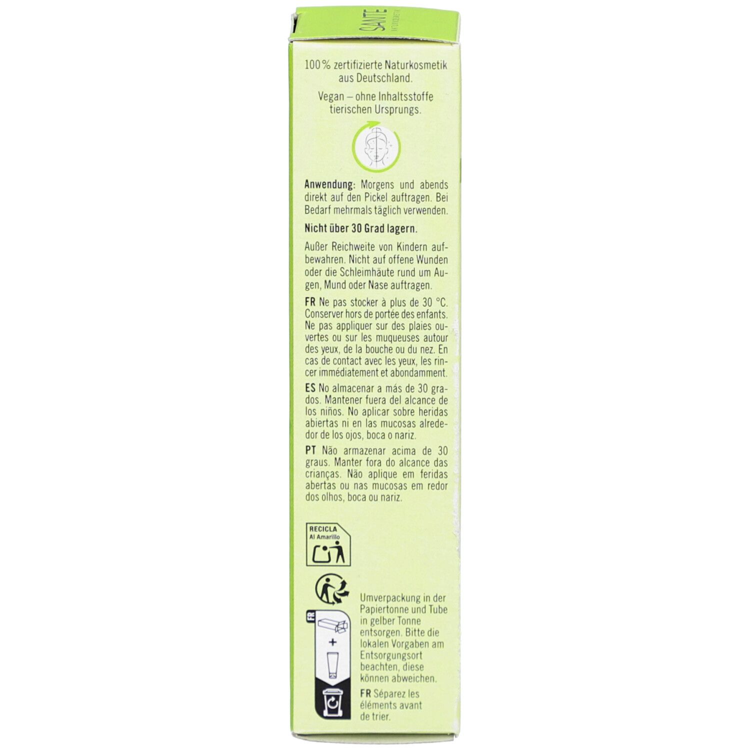 Dos de la boîte. Texte: 100% cosmétiques naturels certifiés. Instructions d'utilisation. Ne pas stocker au-dessus de 30°C. Ingrédients. Symbole de recyclage.