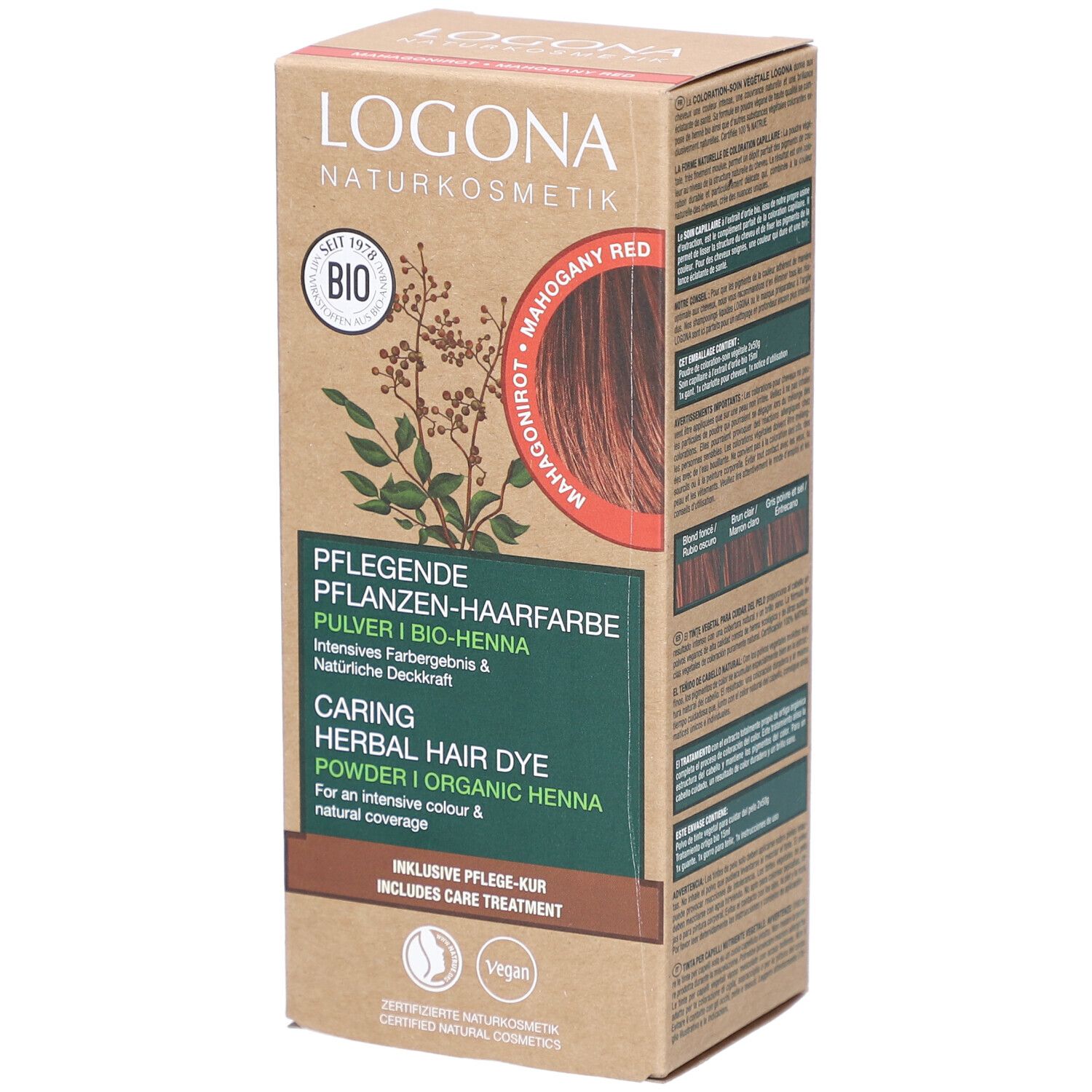 Logona plantenhaarverf poeder mahonie rood bio. Doos met productinfo en logo. Inclusief verzorging. Vegan.