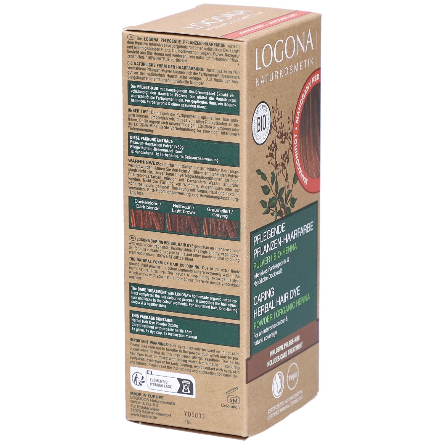 Logona plantenhaarverf poeder mahonie rood bio. Doos met productinfo en logo. Tekst op achterkant. Vegan.